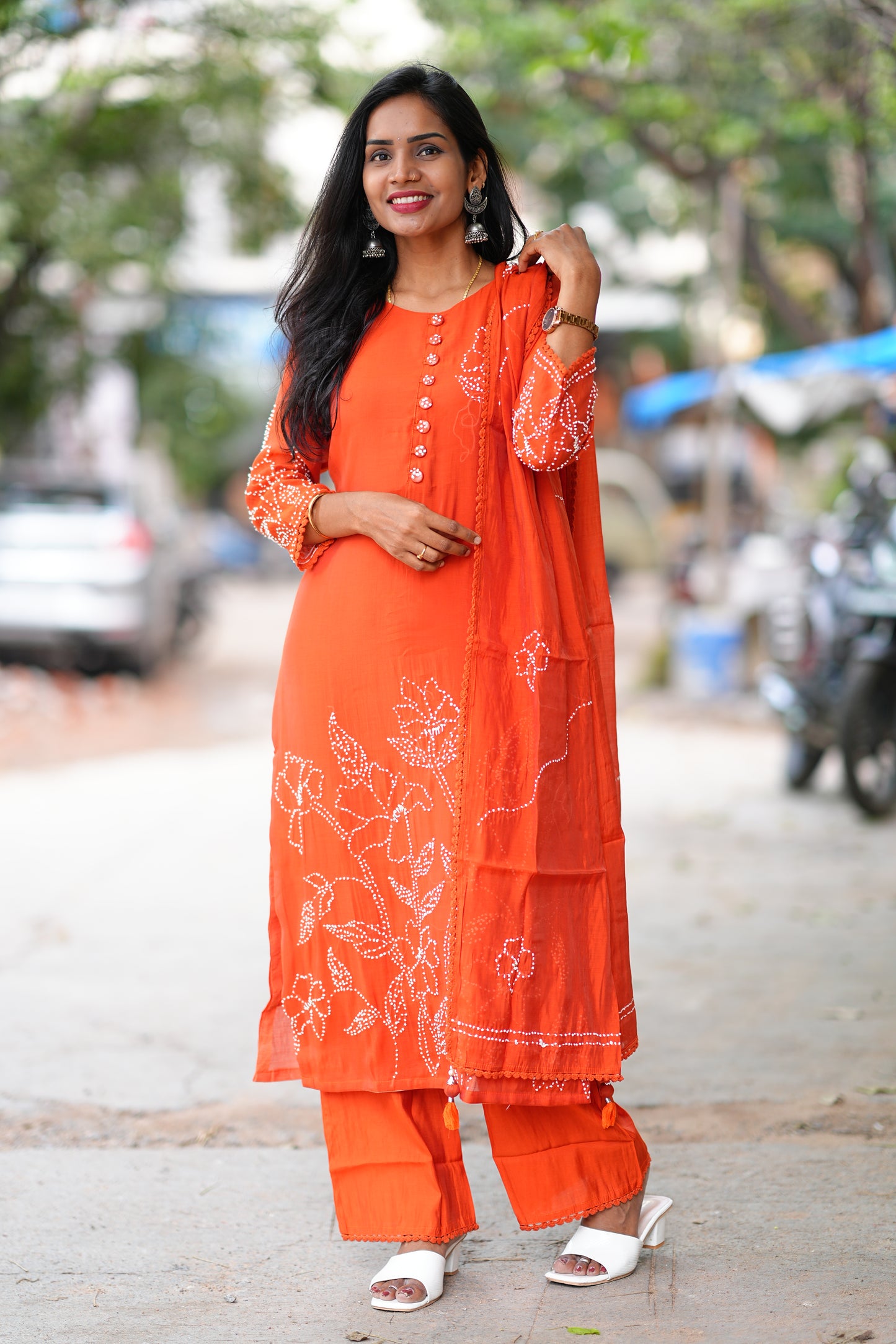 Rust Orange Designer Wear 3 Piece Set in Viscose