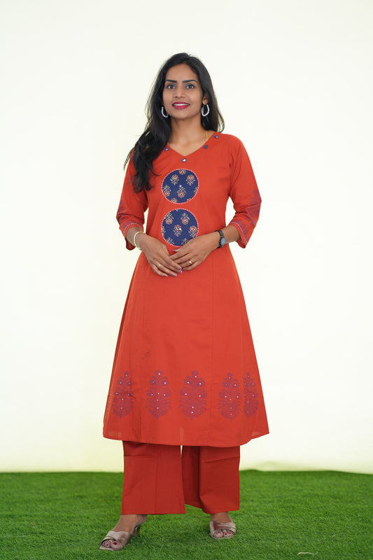Red Color Jaipur Cotton Cord Set With Ajrak Patch Work and Plazo pant