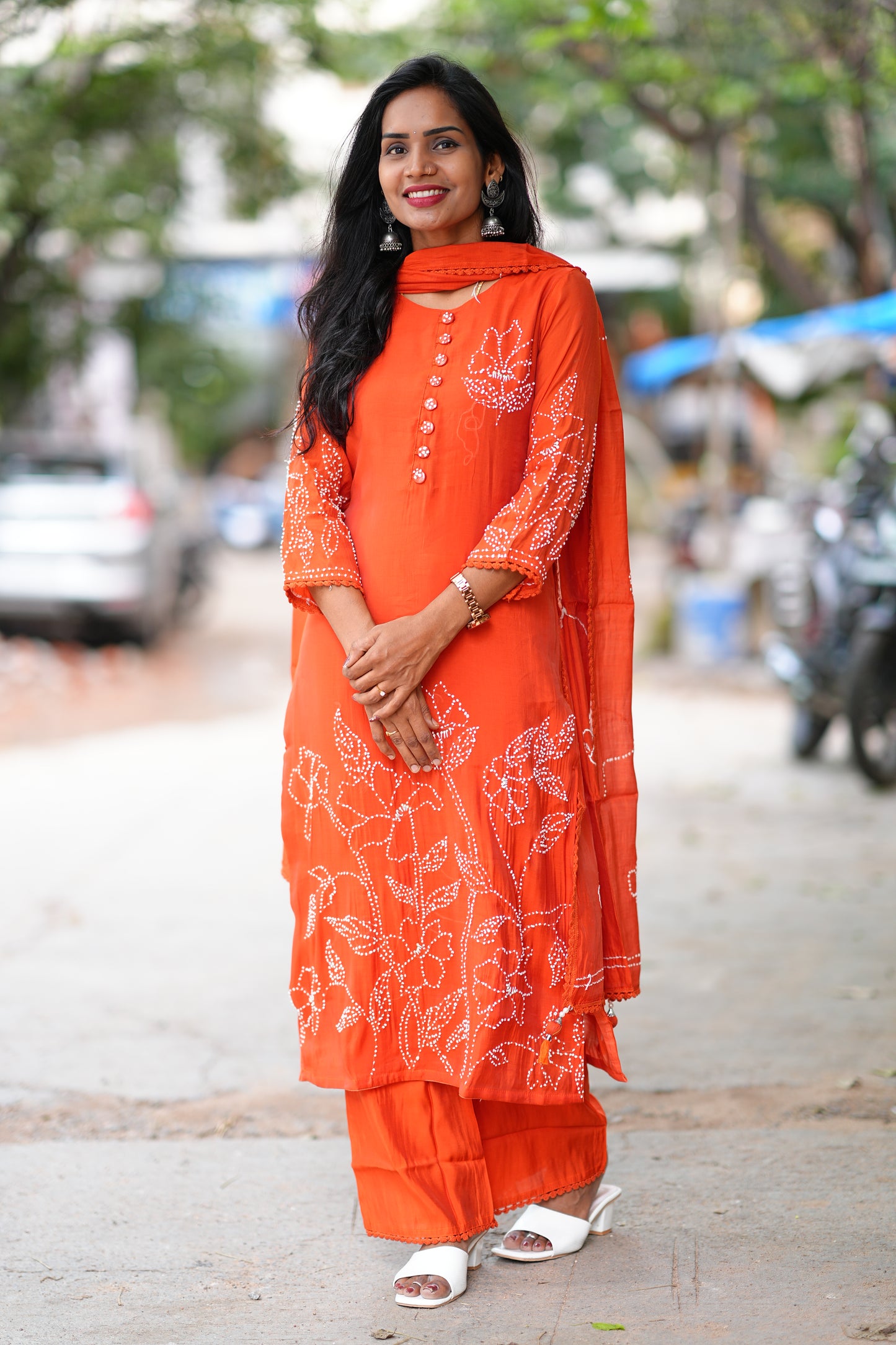 Rust Orange Designer Wear 3 Piece Set in Viscose
