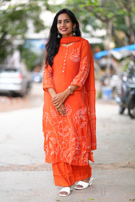Rust Orange Designer Wear 3 Piece Set in Viscose
