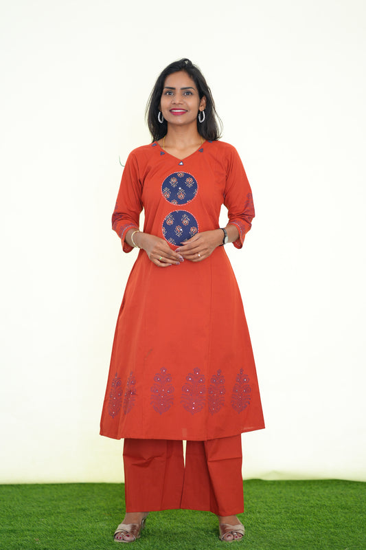 Red Color Jaipur Cotton Cord Set With Ajrak Patch Work and Plazo pant