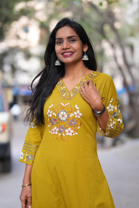 Yellow color Jaipur Cotton cordset with Embriodary work