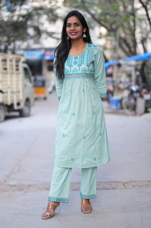 Mint Green Color Jaipur Cotton Cordset With Thread Embriodary Work