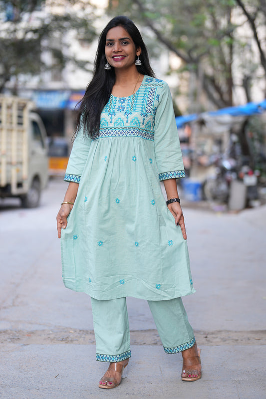 Mint Green Color Jaipur Cotton Cordset With Thread Embriodary Work