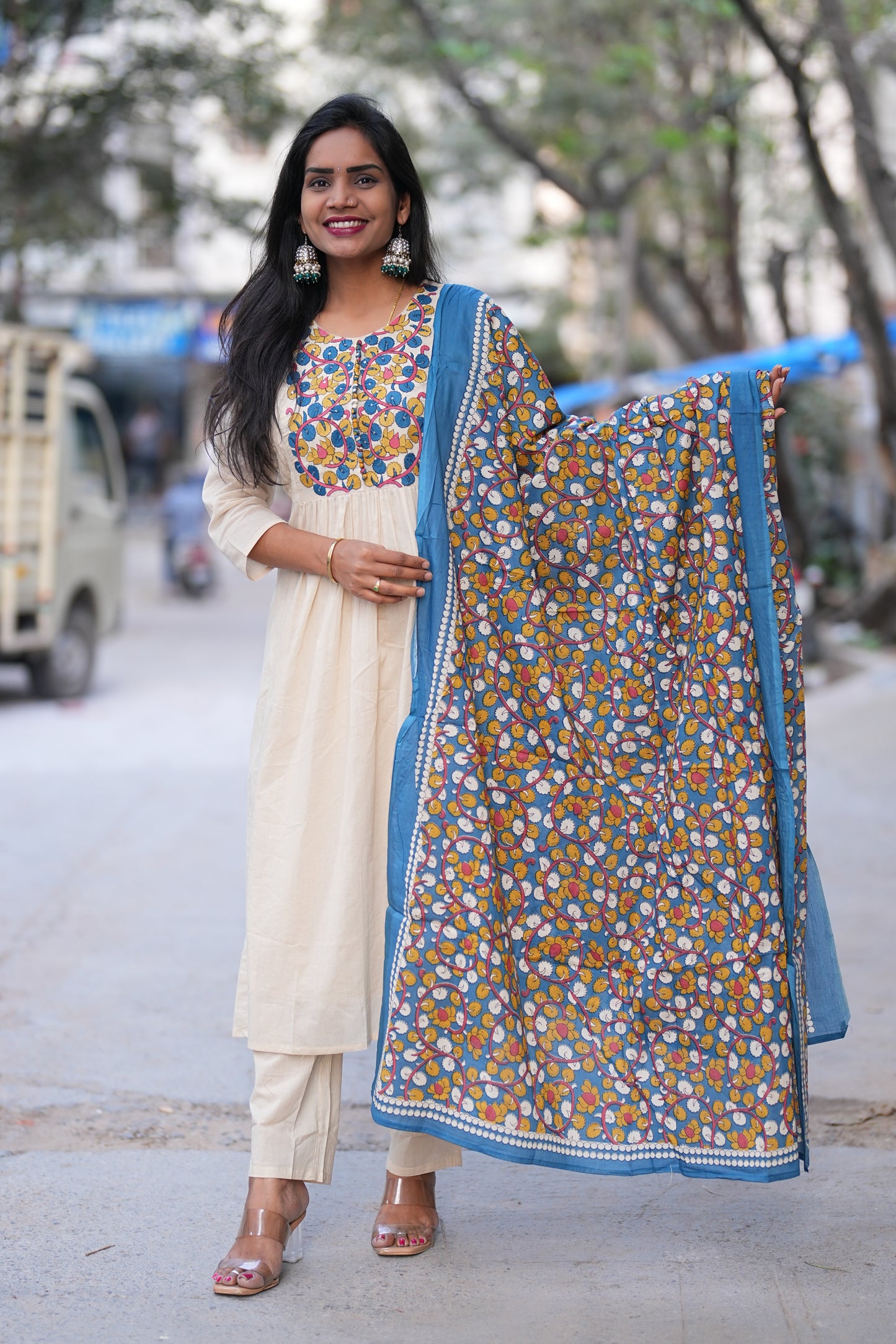 Beige Color Mul Cotton A Line 3 Piece Set With Contrast Dupatta