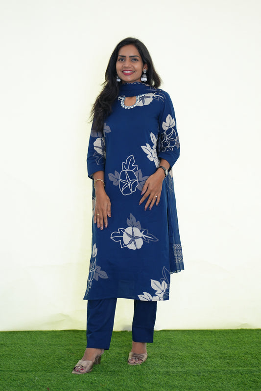 Blue Color Jaipur Cotton Stylish 3 Piece Set With Lining