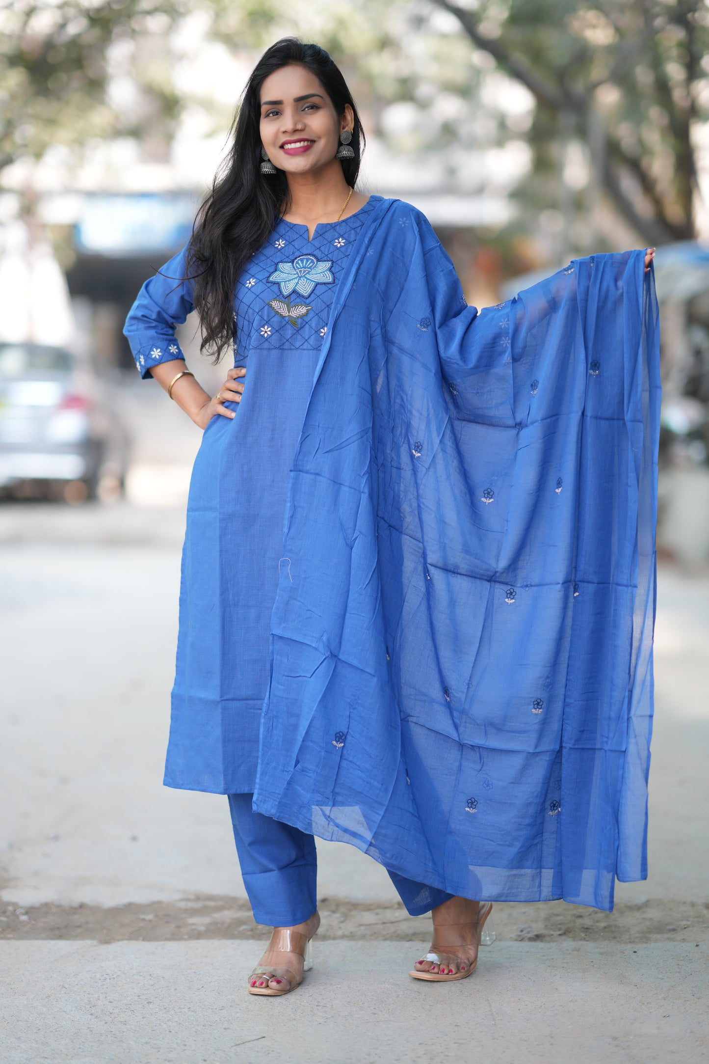 Blue Color Jaipur Slub Cotton With Embroidery Work and Complete Lining