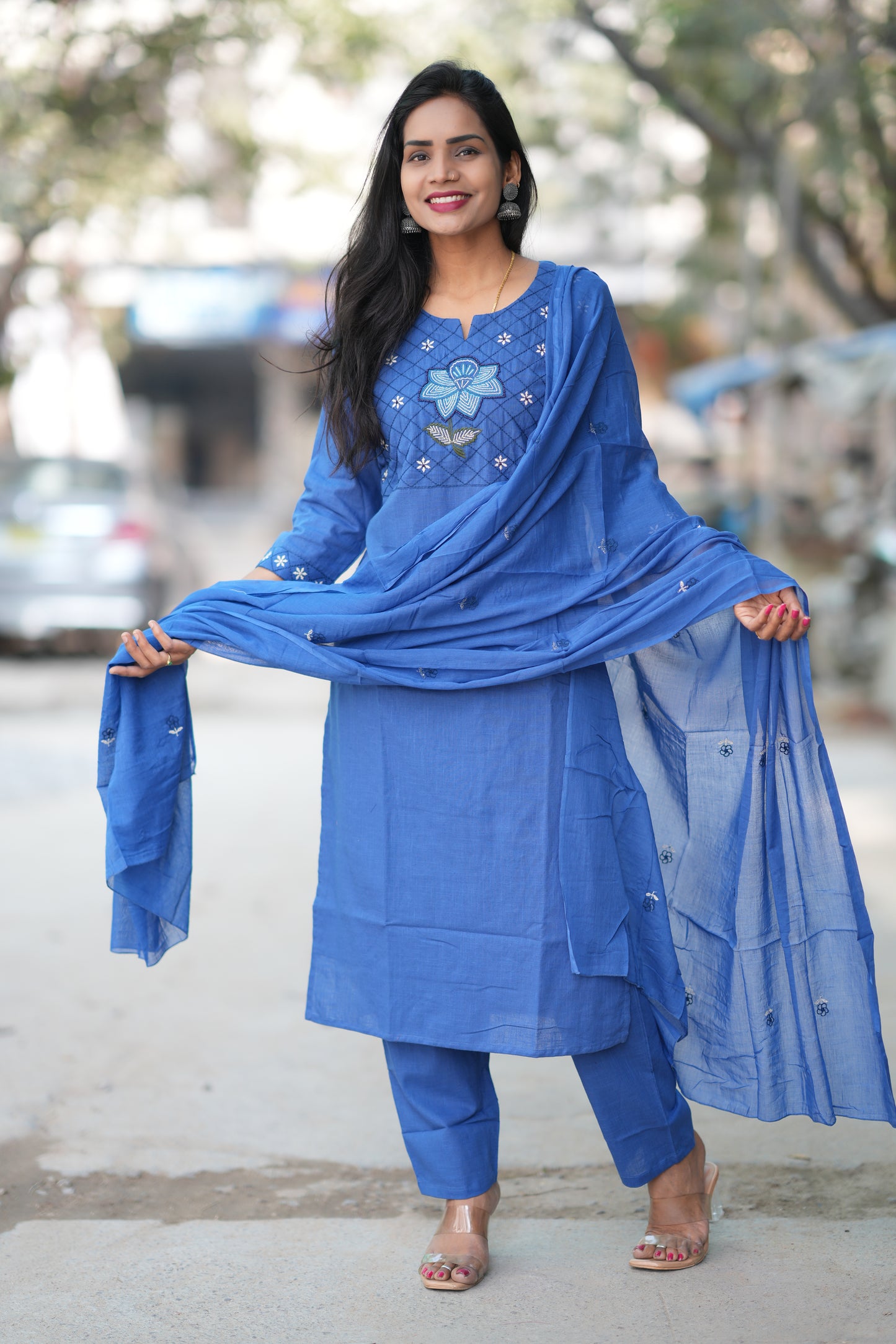 Blue Color Jaipur Slub Cotton With Embroidery Work and Complete Lining