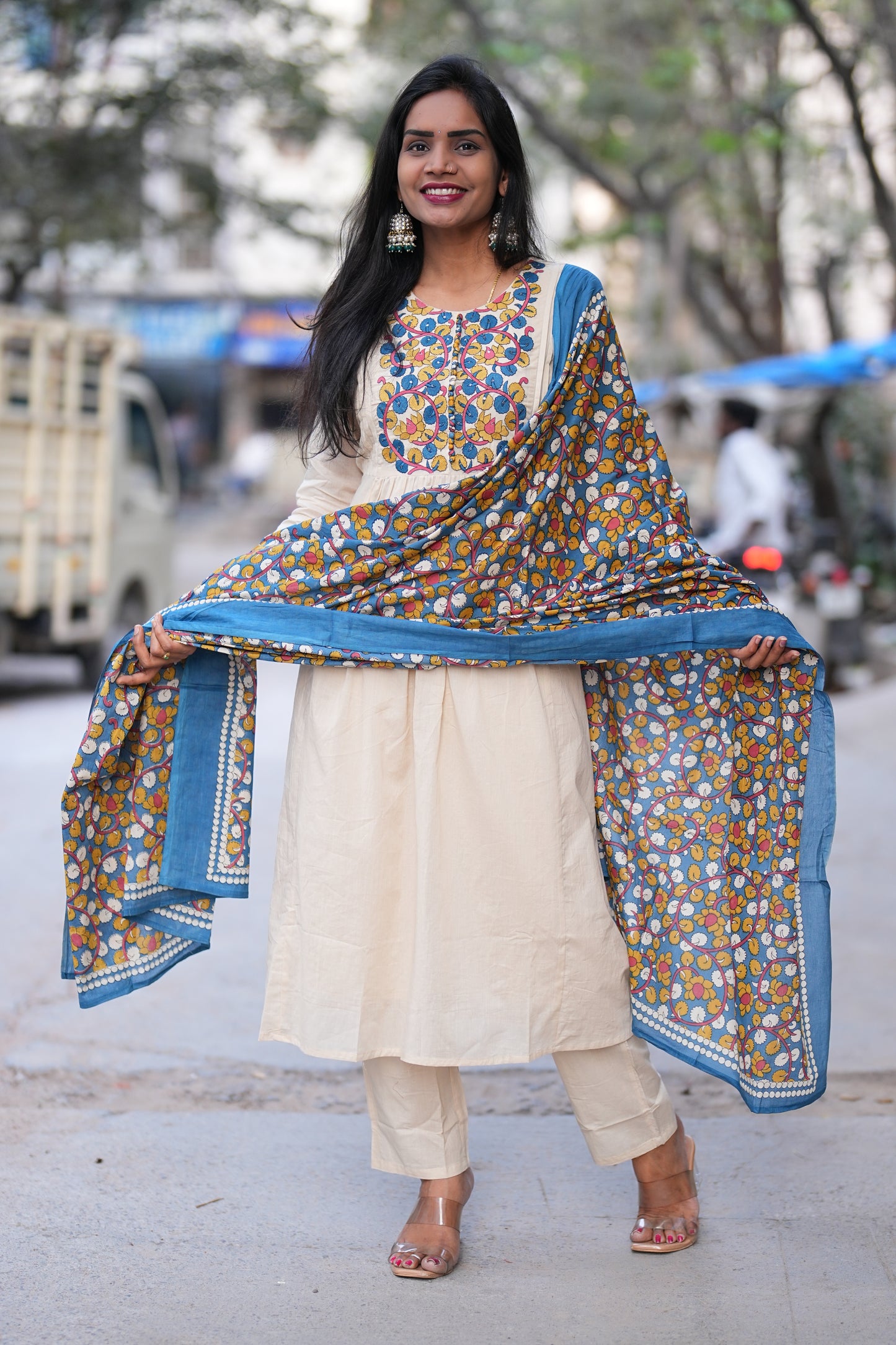 Beige Color Mul Cotton A Line 3 Piece Set With Contrast Dupatta