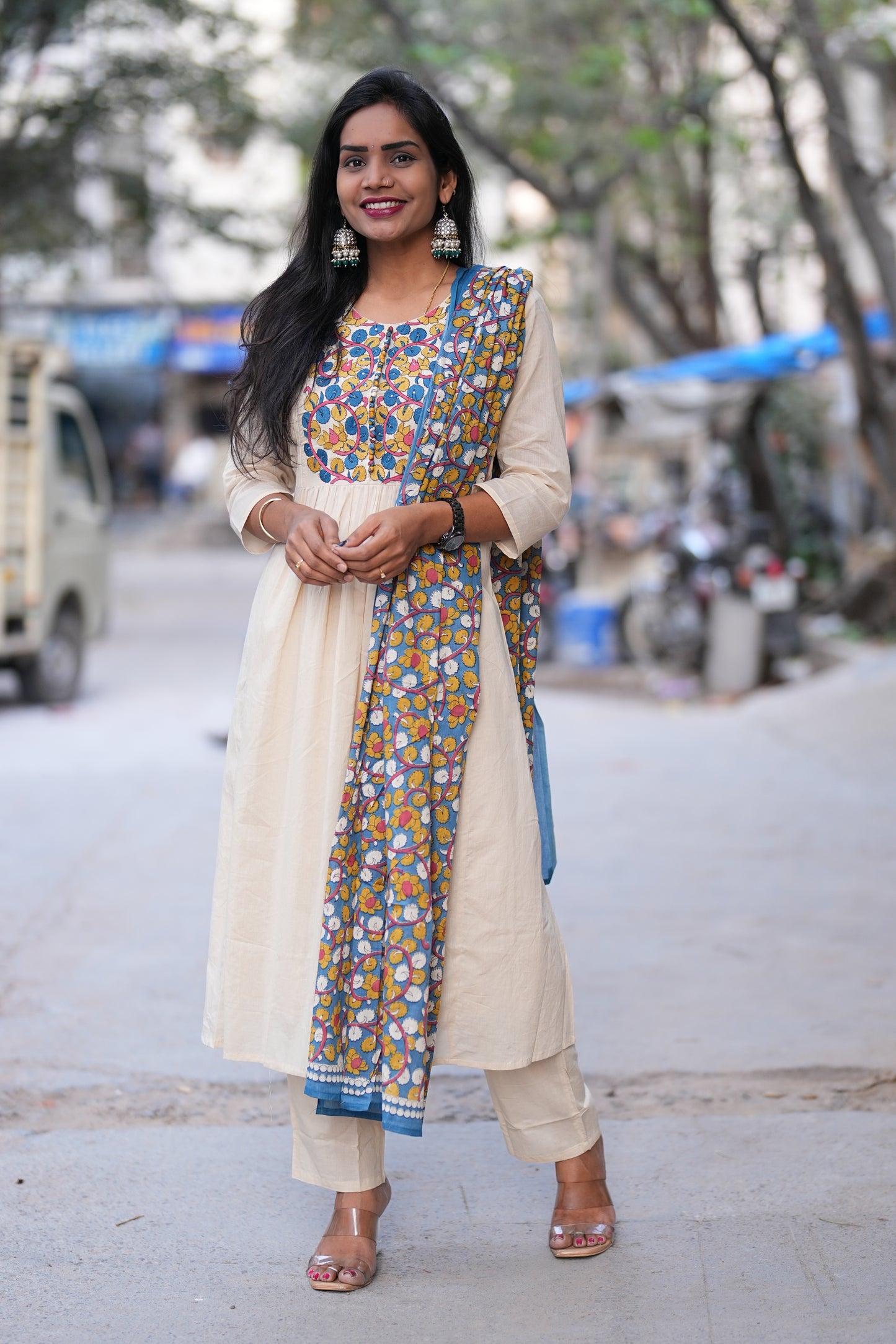 Beige Color Mul Cotton A Line 3 Piece Set With Contrast Dupatta