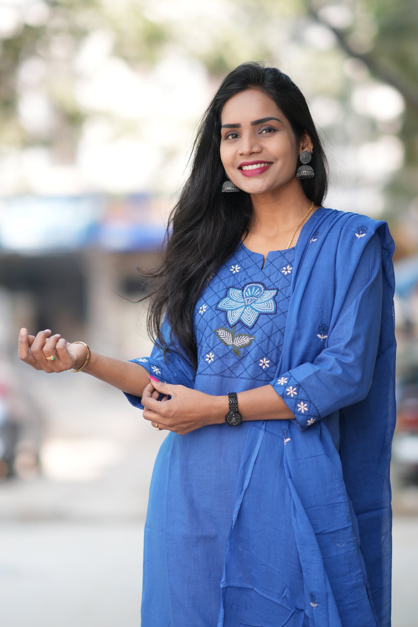 Blue Color Jaipur Slub Cotton With Embroidery Work and Complete Lining