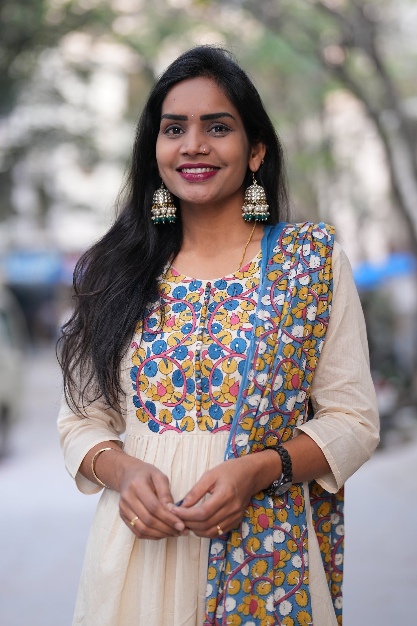 Beige Color Mul Cotton A Line 3 Piece Set With Contrast Dupatta