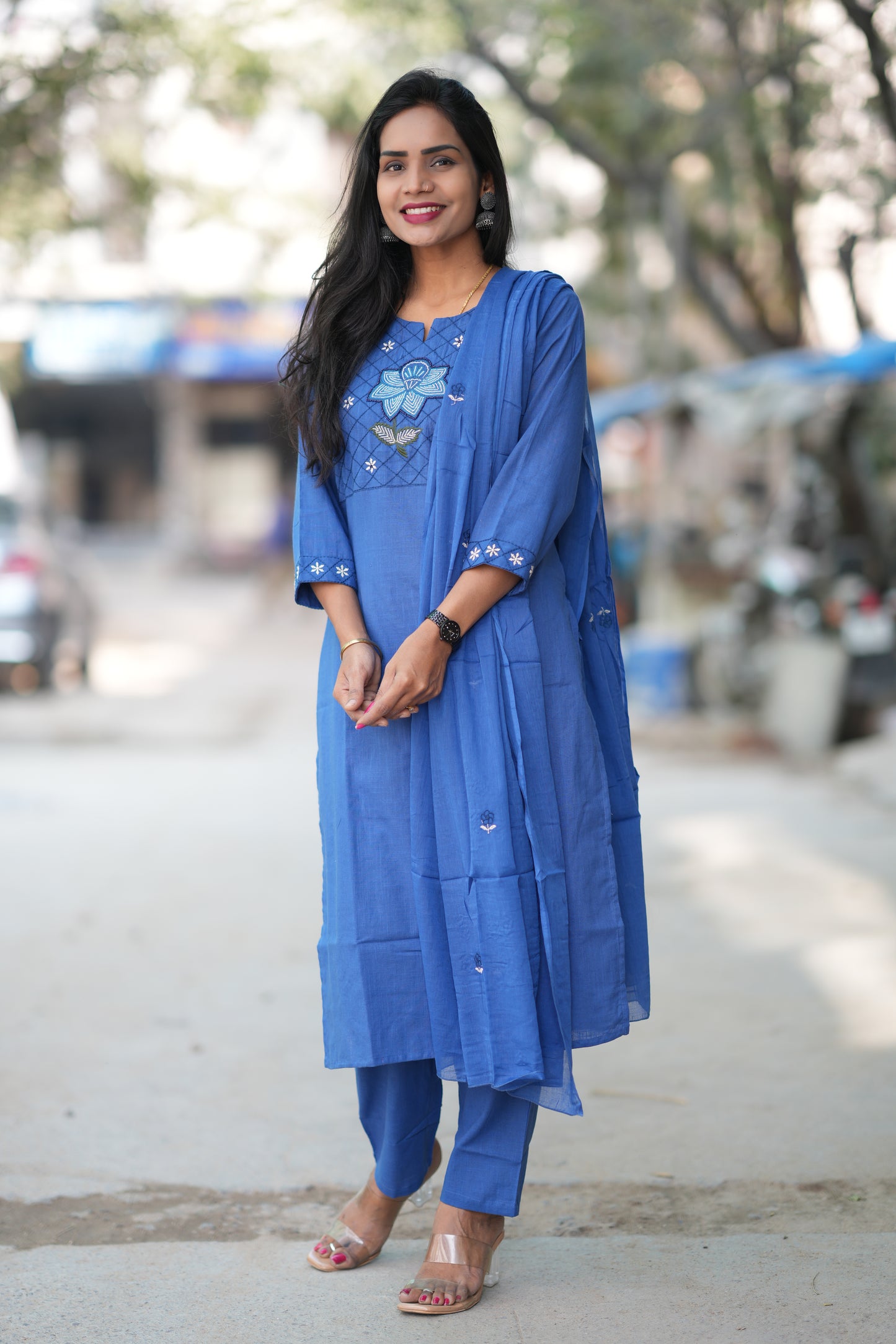 Blue Color Jaipur Slub Cotton With Embroidery Work and Complete Lining