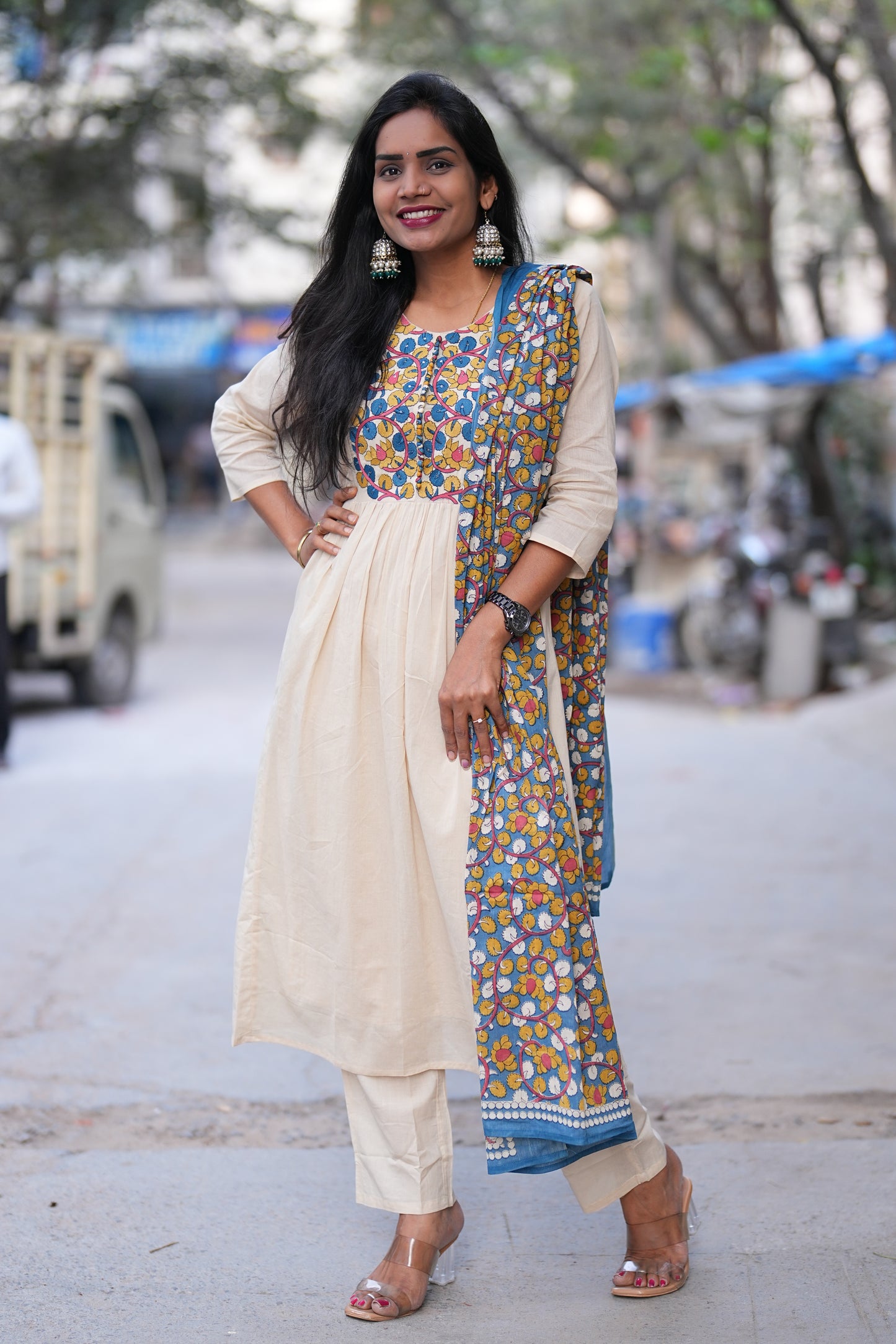 Beige Color Mul Cotton A Line 3 Piece Set With Contrast Dupatta