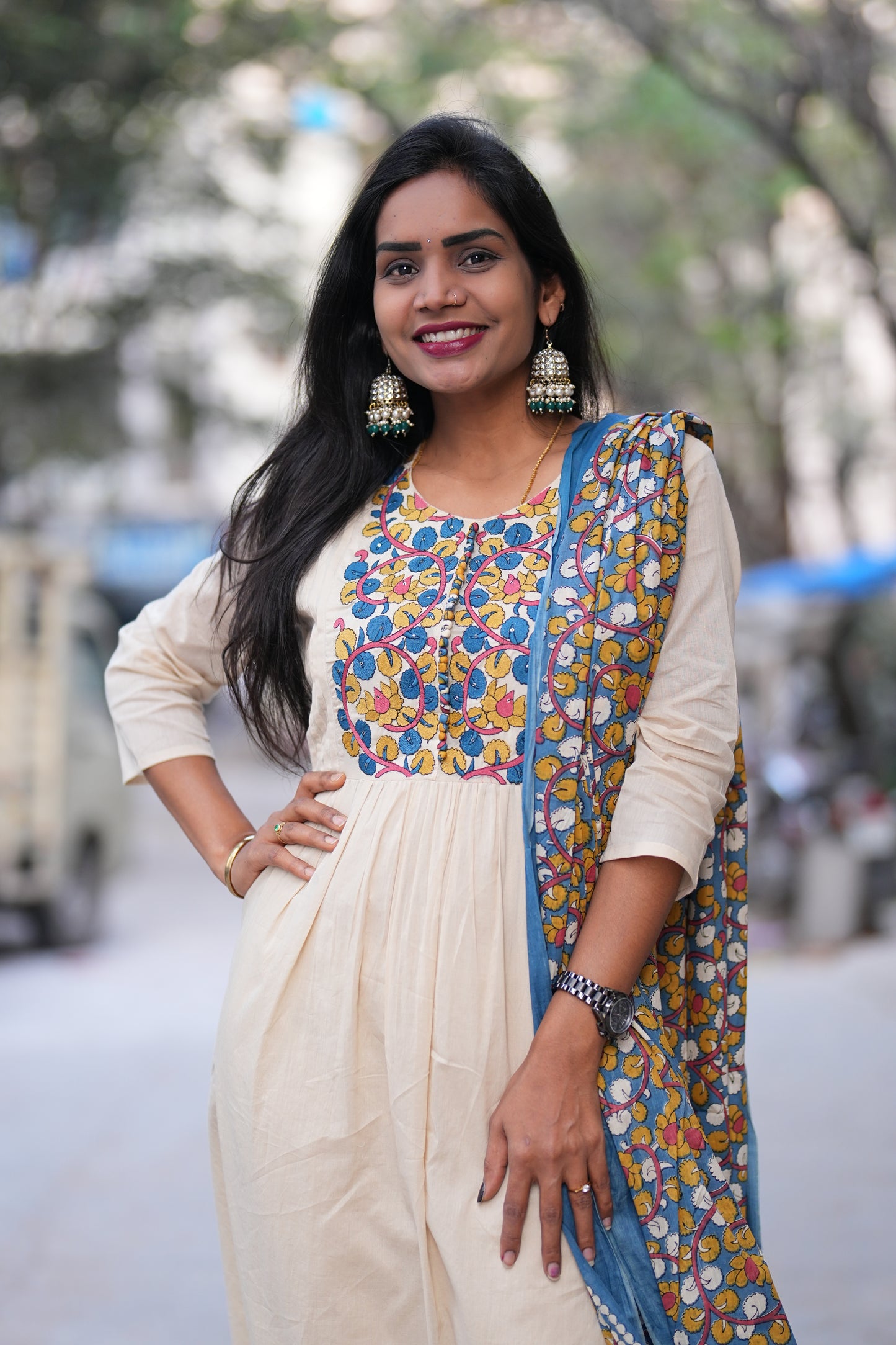 Beige Color Mul Cotton A Line 3 Piece Set With Contrast Dupatta