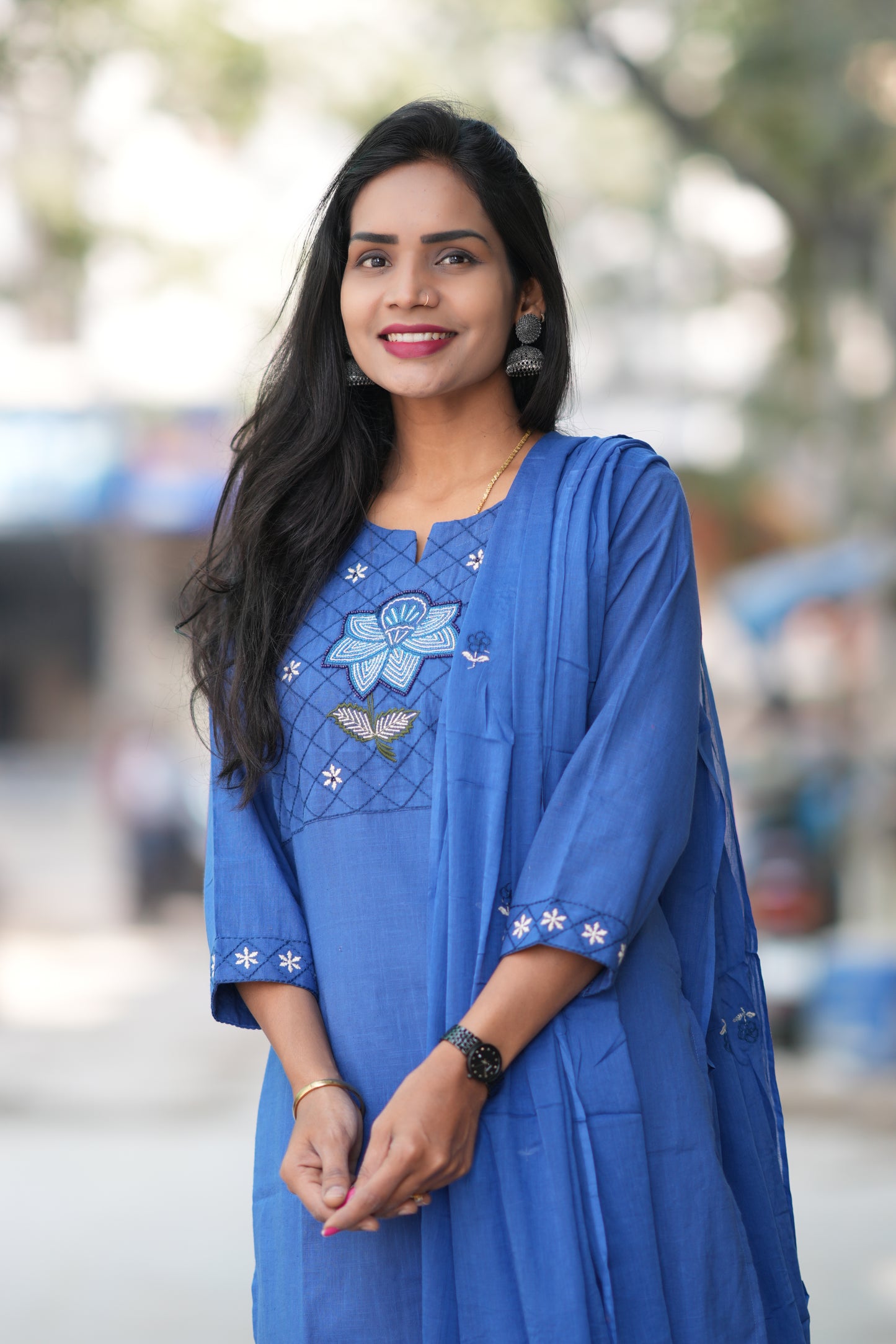 Blue Color Jaipur Slub Cotton With Embroidery Work and Complete Lining