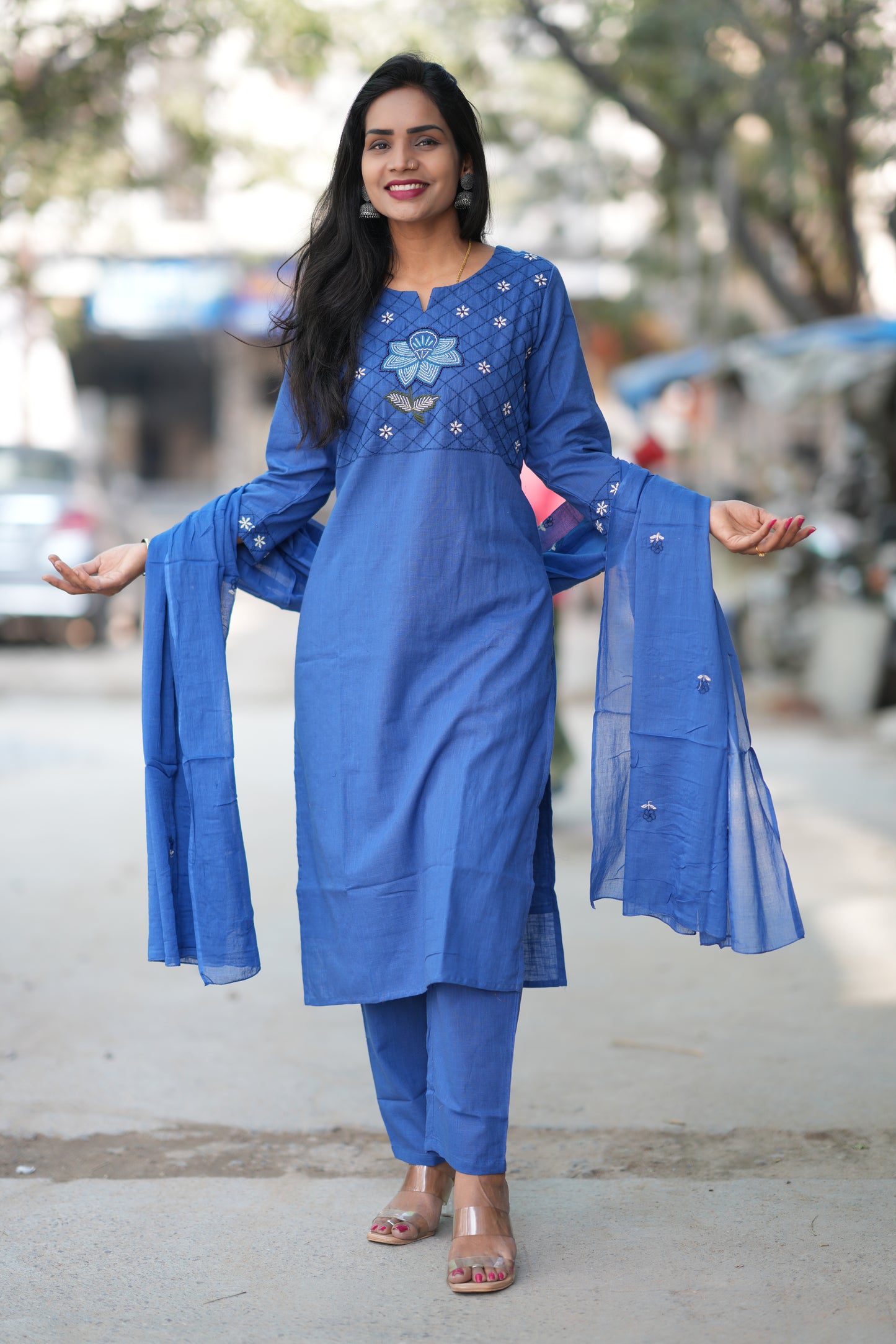 Blue Color Jaipur Slub Cotton With Embroidery Work and Complete Lining