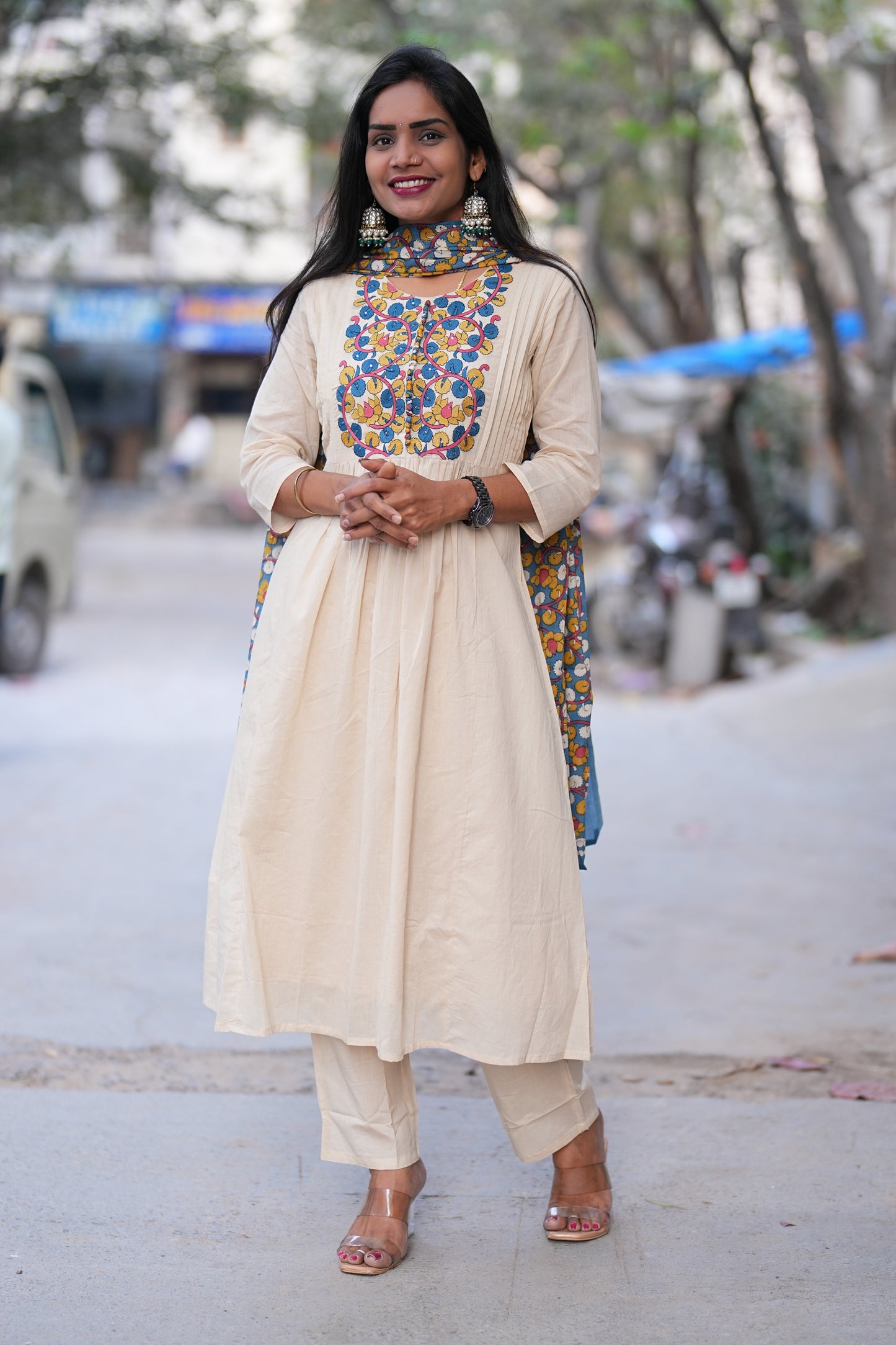 Beige Color Mul Cotton A Line 3 Piece Set With Contrast Dupatta