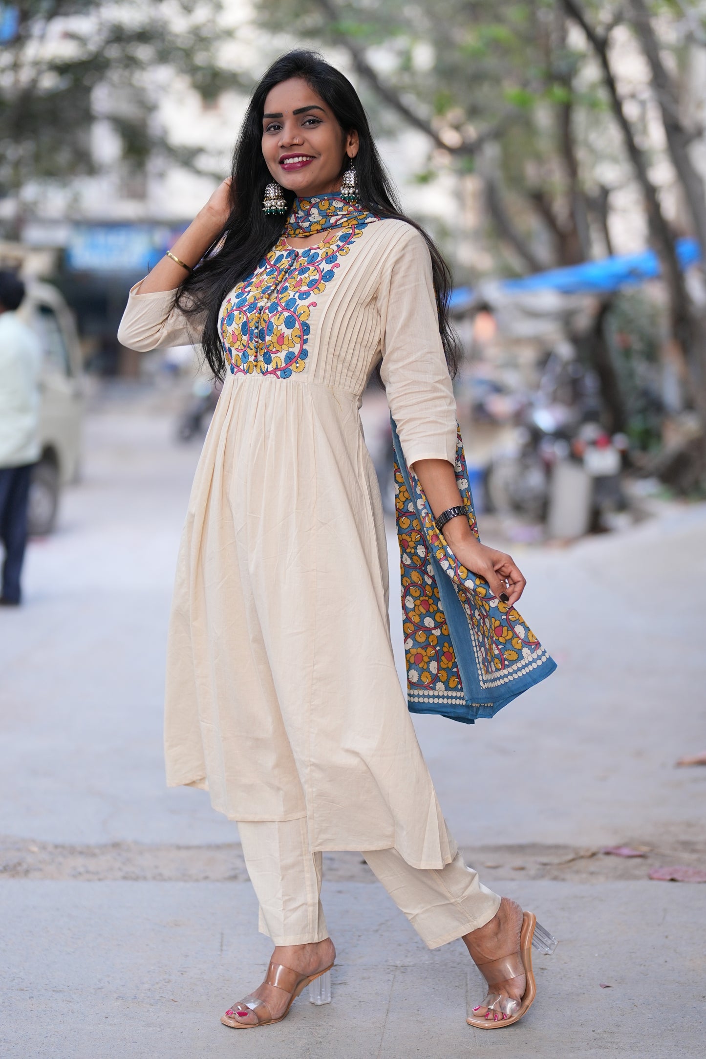 Beige Color Mul Cotton A Line 3 Piece Set With Contrast Dupatta