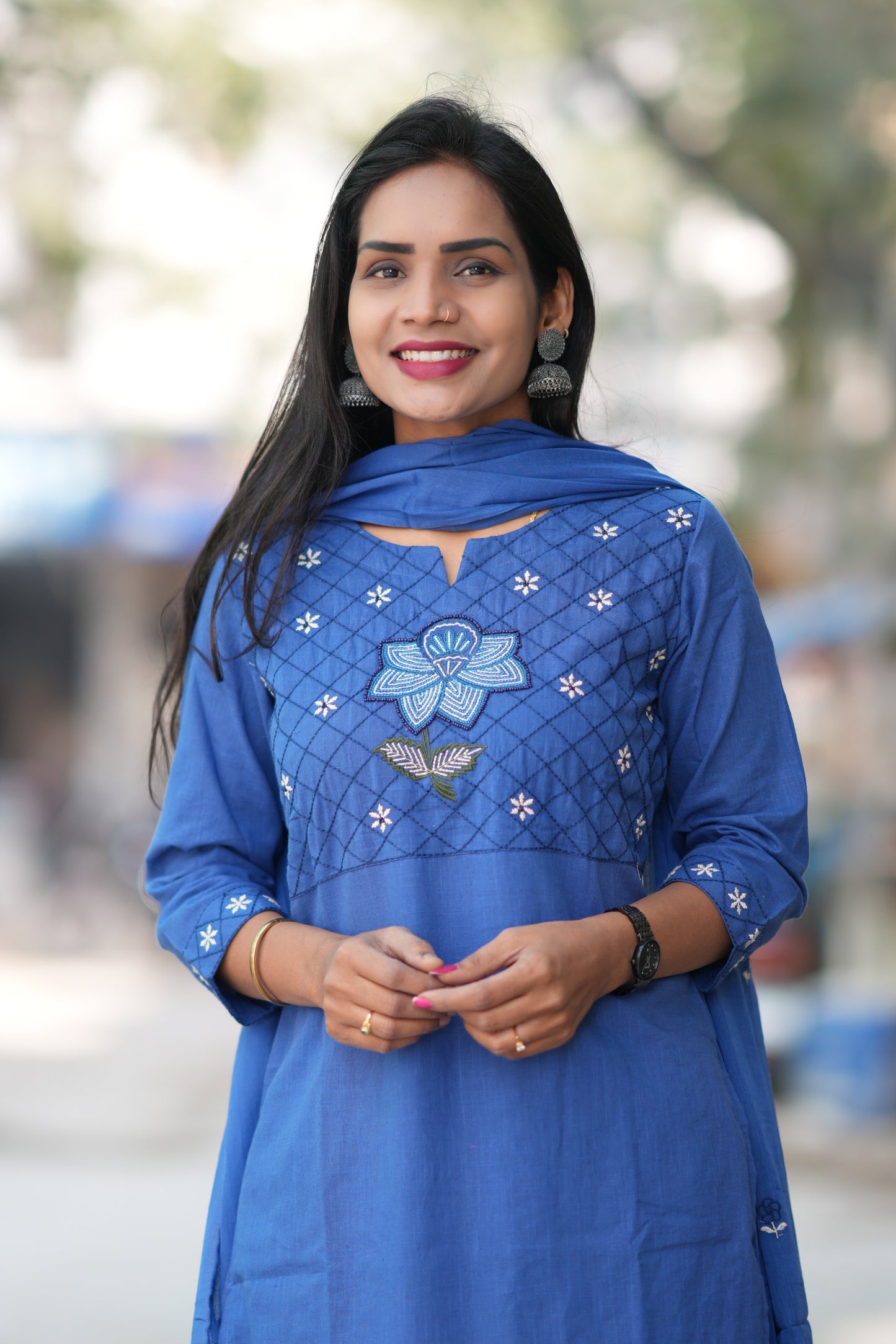 Blue Color Jaipur Slub Cotton With Embroidery Work and Complete Lining