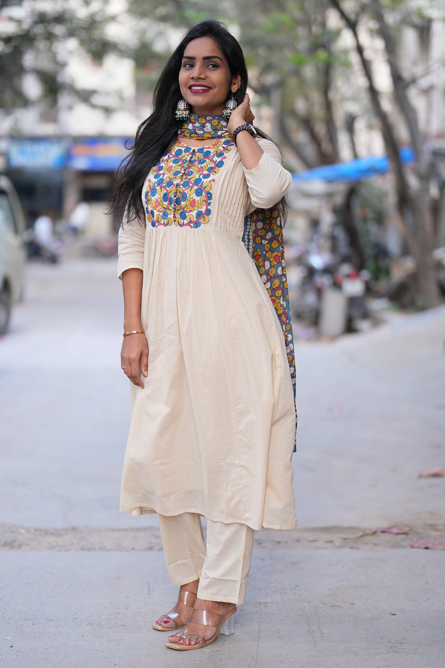 Beige Color Mul Cotton A Line 3 Piece Set With Contrast Dupatta