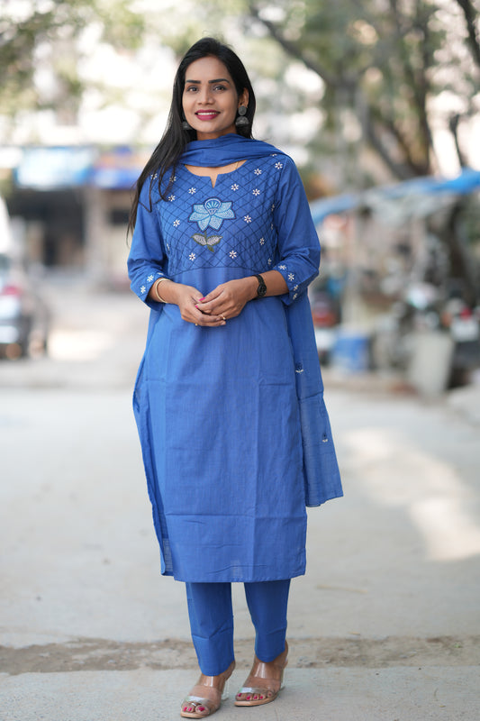 Blue Color Jaipur Slub Cotton With Embroidery Work and Complete Lining