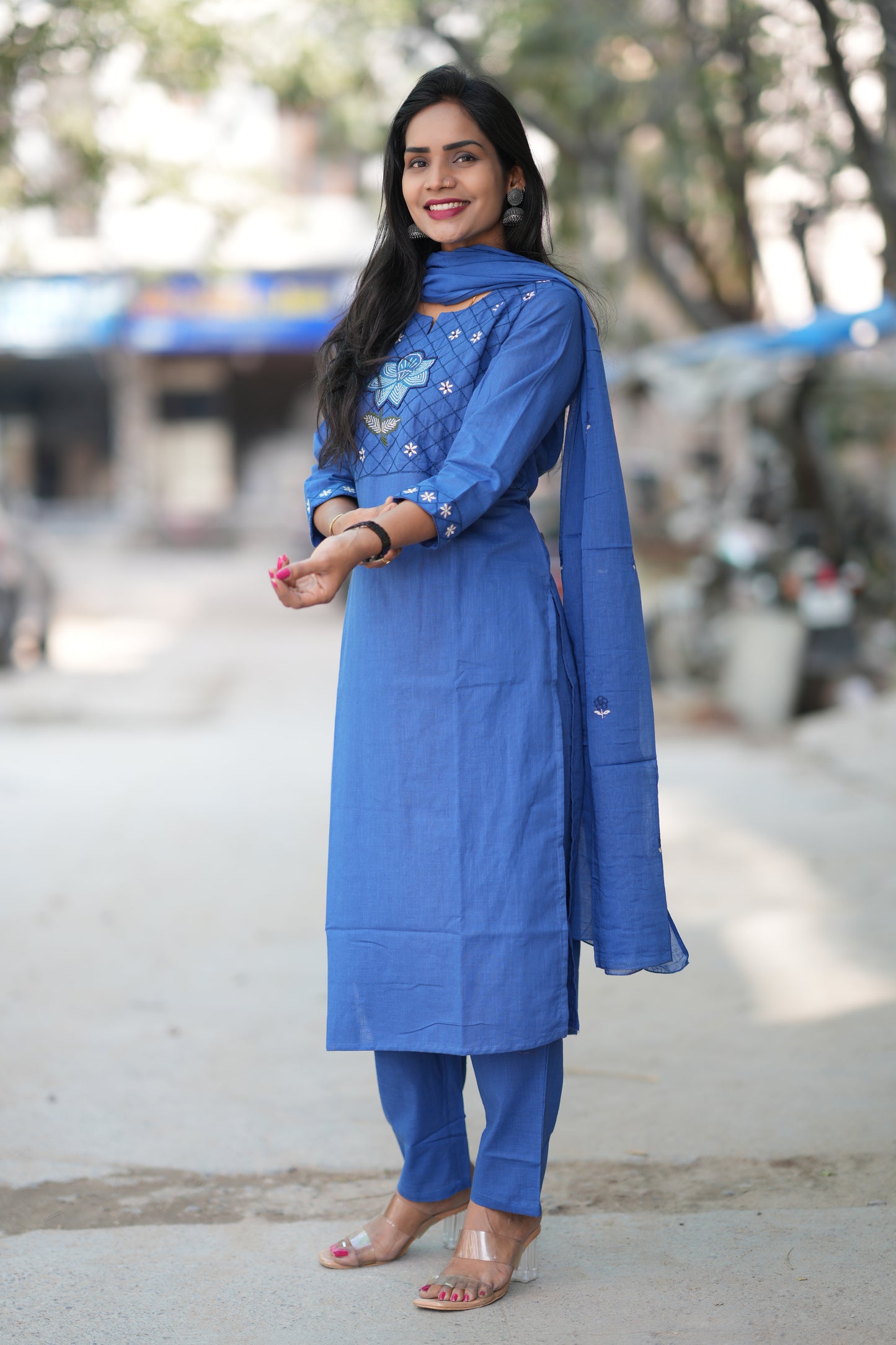 Blue Color Jaipur Slub Cotton With Embroidery Work and Complete Lining
