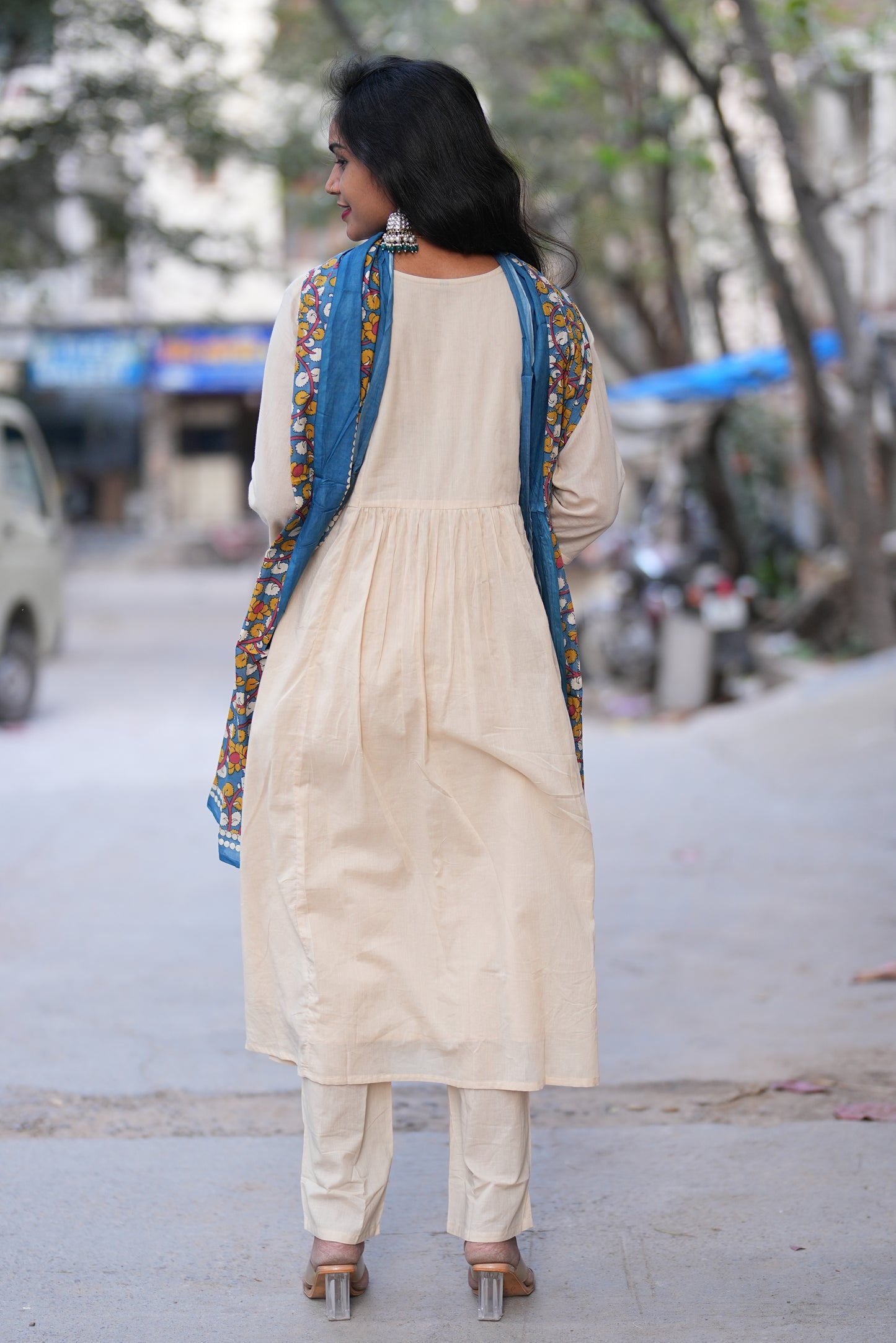 Beige Color Mul Cotton A Line 3 Piece Set With Contrast Dupatta