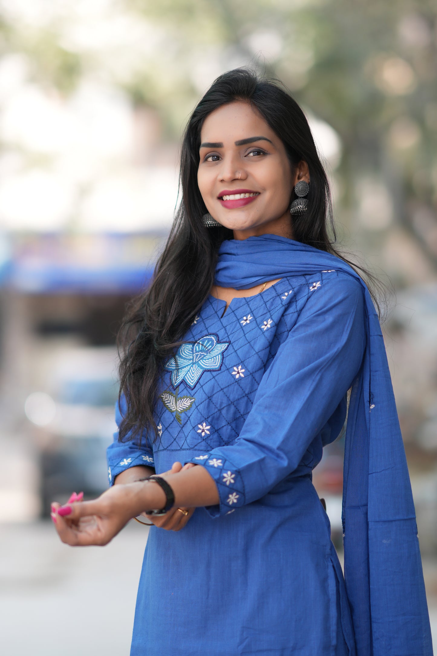 Blue Color Jaipur Slub Cotton With Embroidery Work and Complete Lining