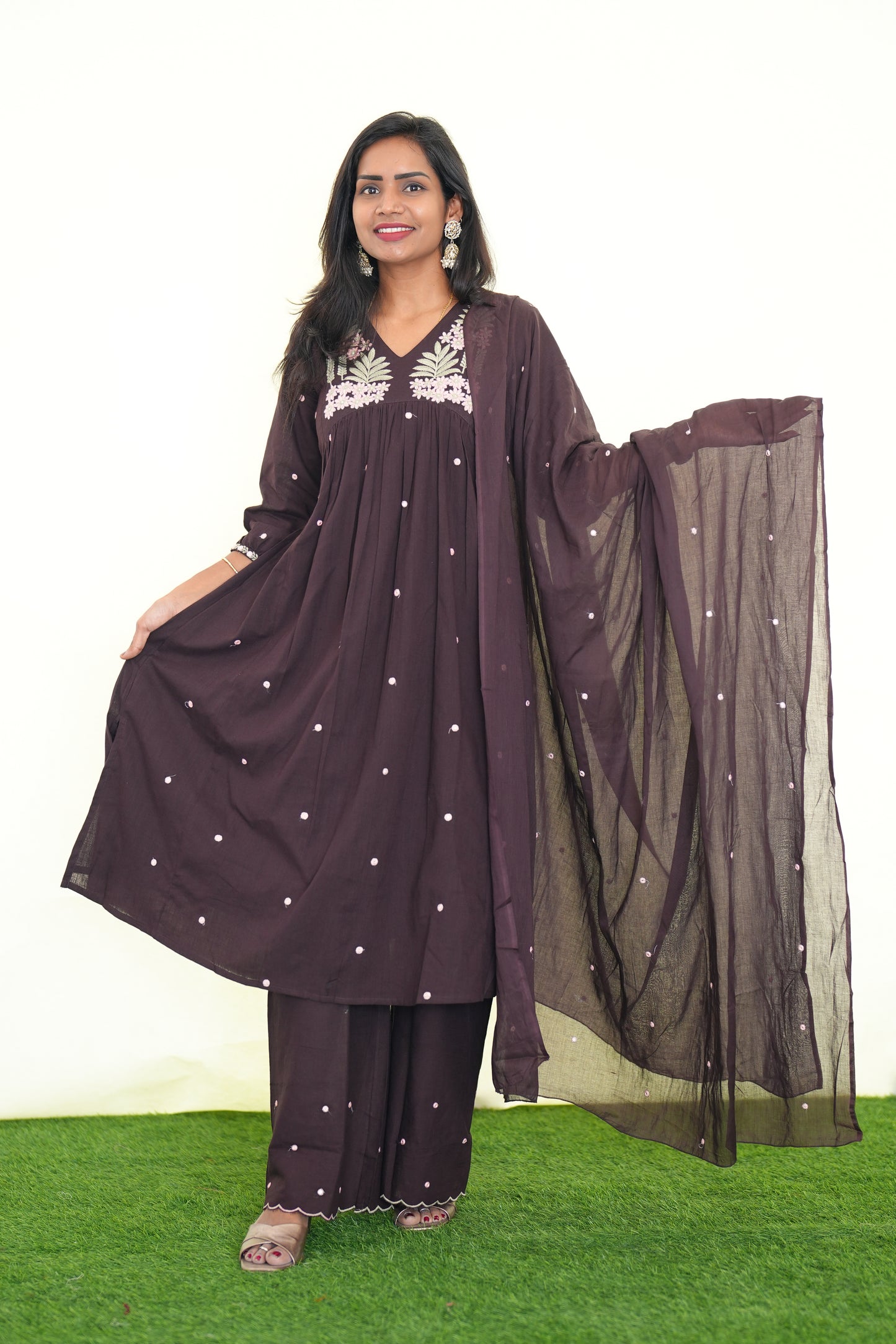 Brown Color Jaipur Slub Cotton 3 Piece Set With Plzaao Pant and Complete Lining