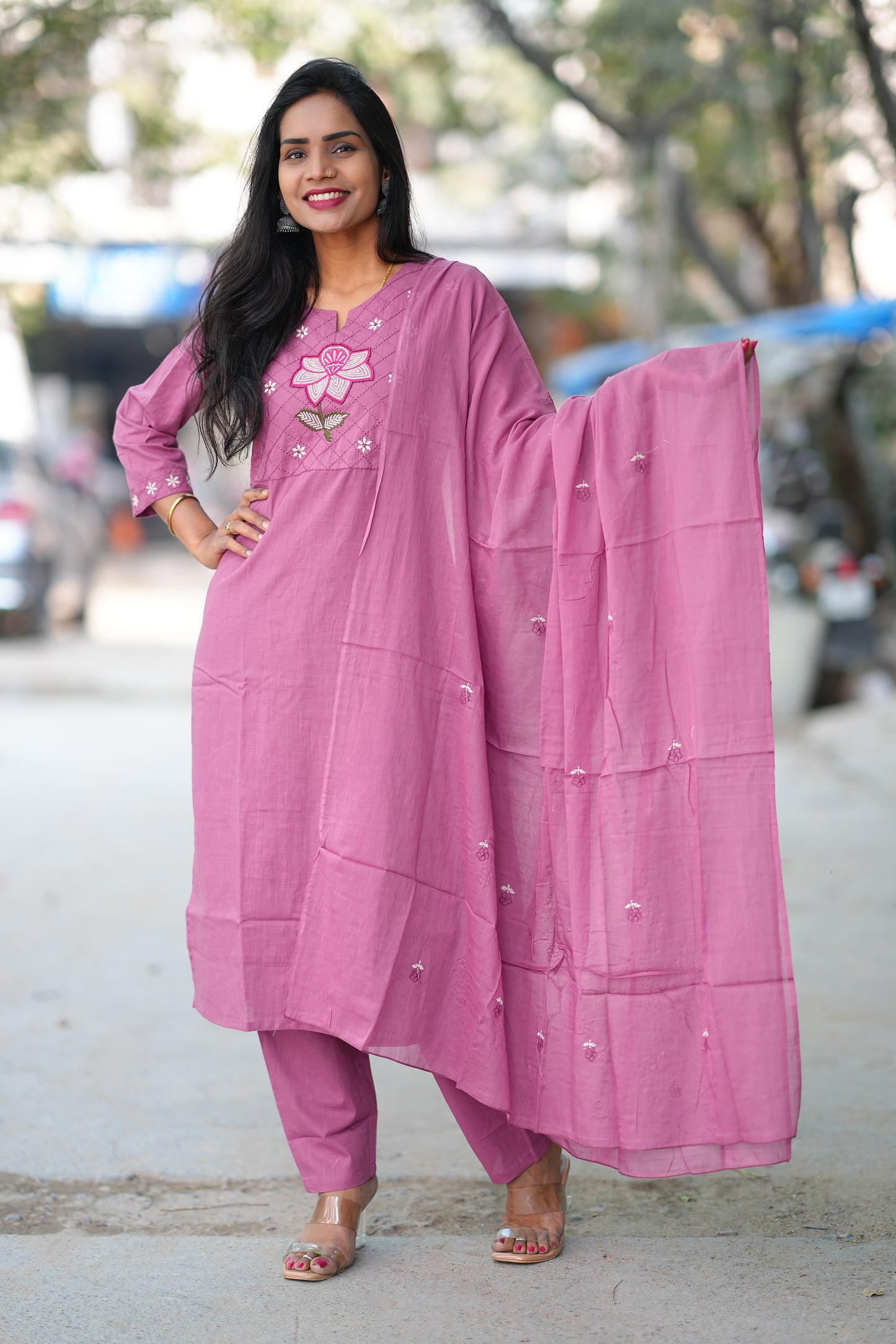 Pink Color Jaipur Slub Cotton With Embroidery Work and Complete Lining