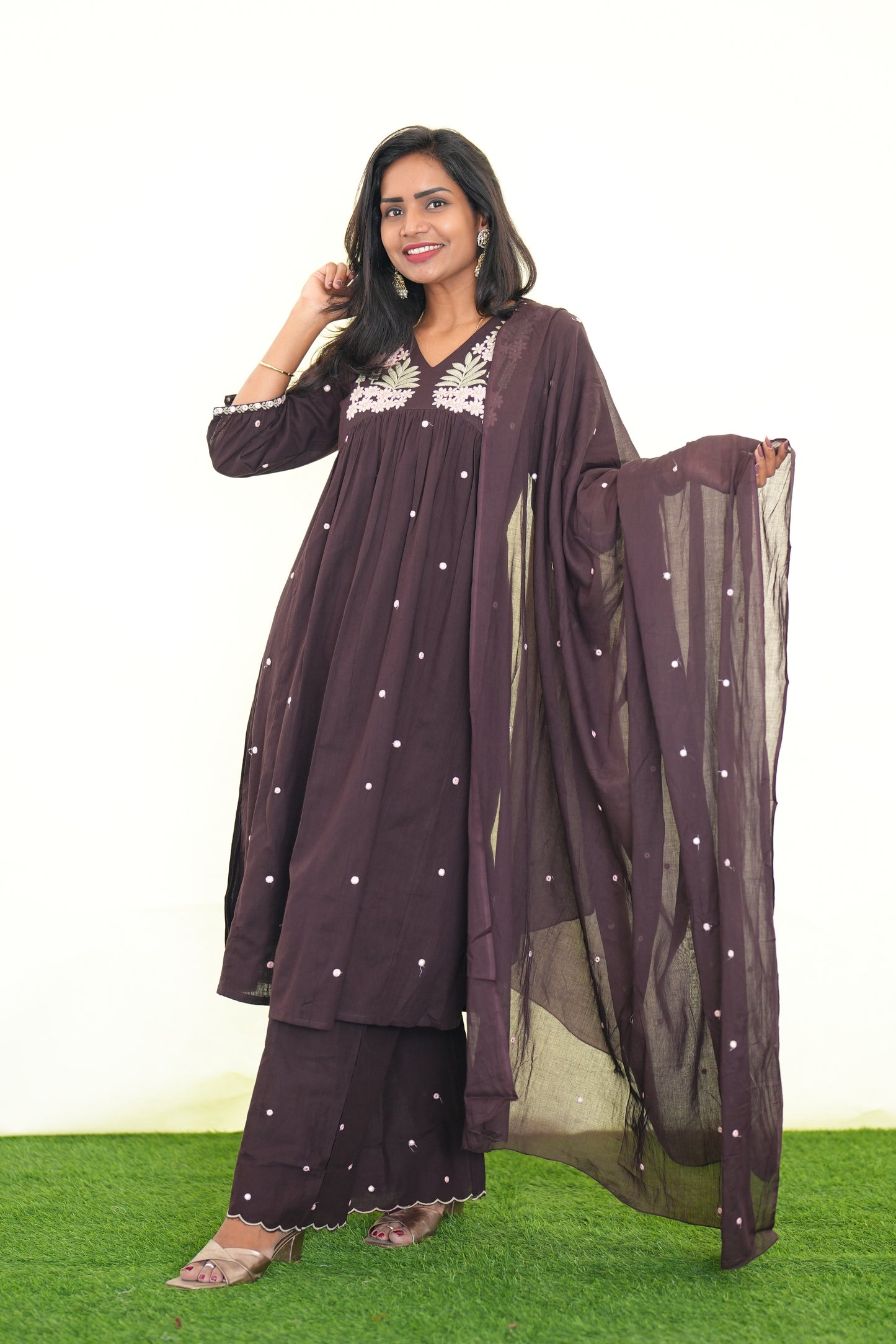 Brown Color Jaipur Slub Cotton 3 Piece Set With Plzaao Pant and Complete Lining