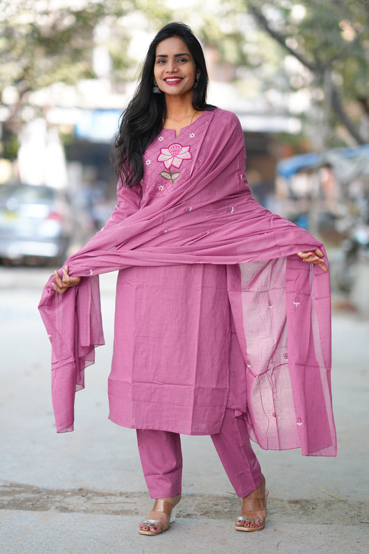 Pink Color Jaipur Slub Cotton With Embroidery Work and Complete Lining