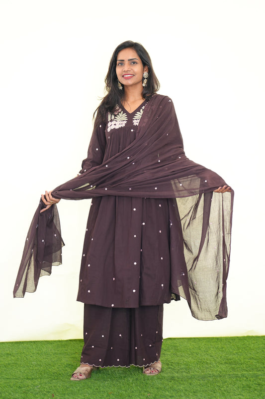 Brown Color Jaipur Slub Cotton 3 Piece Set With Plzaao Pant and Complete Lining