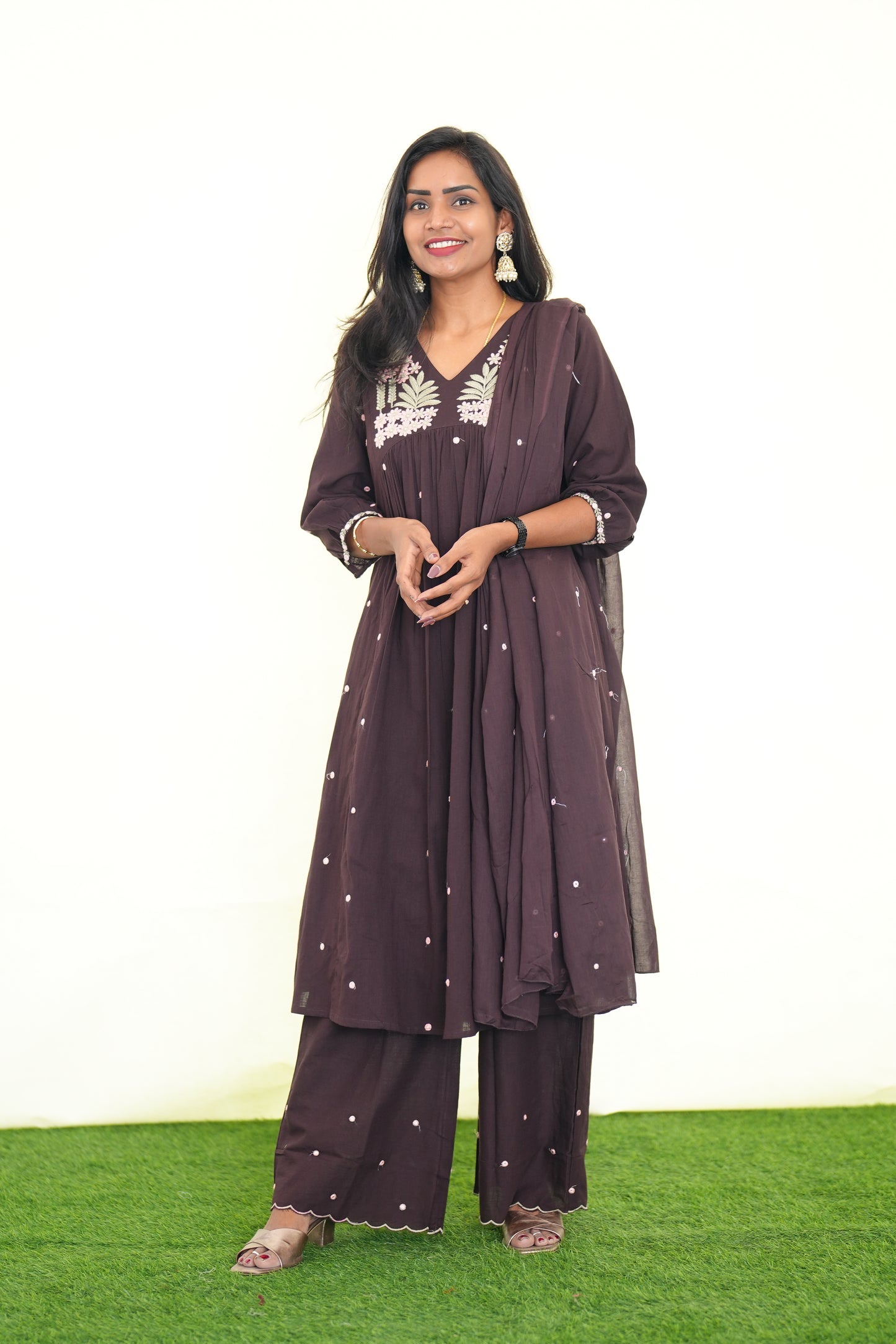 Brown Color Jaipur Slub Cotton 3 Piece Set With Plzaao Pant and Complete Lining