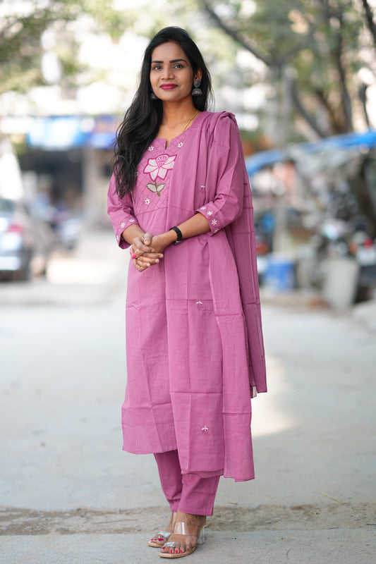 Pink Color Jaipur Slub Cotton With Embroidery Work and Complete Lining