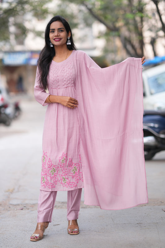 Pink Color Mul Chandheri Designer 3 Piece Set With Complete Lining
