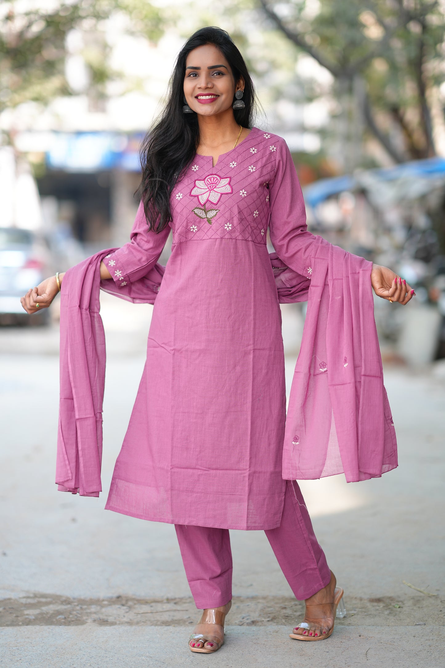 Pink Color Jaipur Slub Cotton With Embroidery Work and Complete Lining