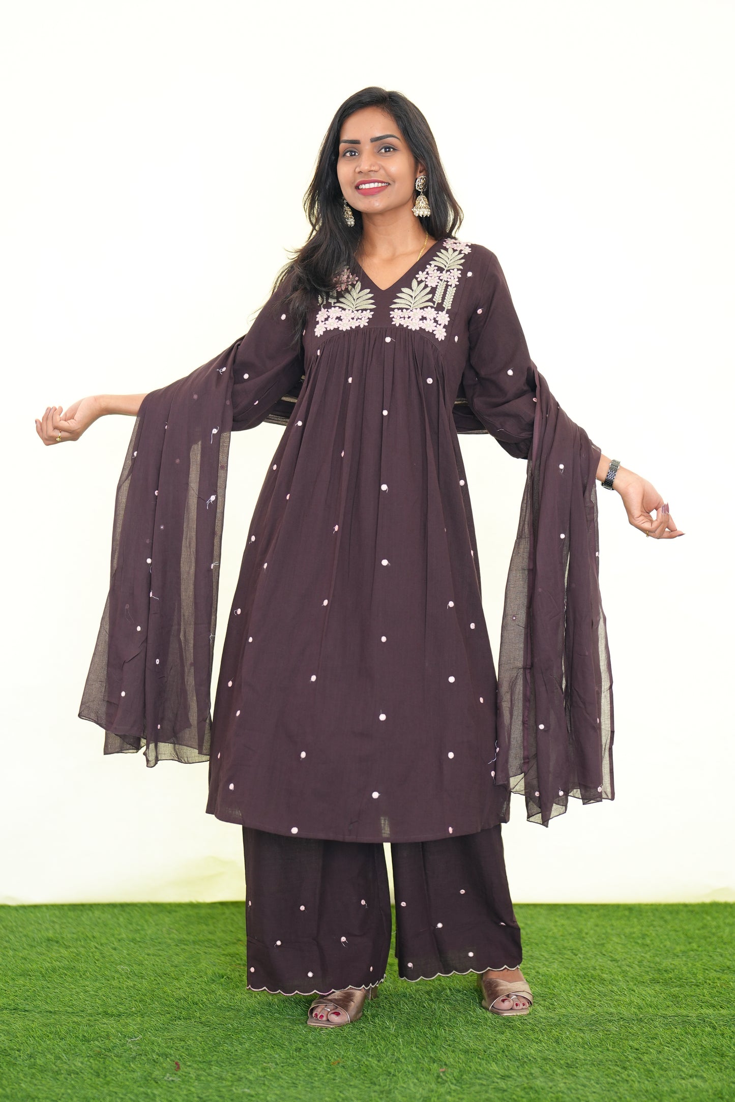Brown Color Jaipur Slub Cotton 3 Piece Set With Plzaao Pant and Complete Lining