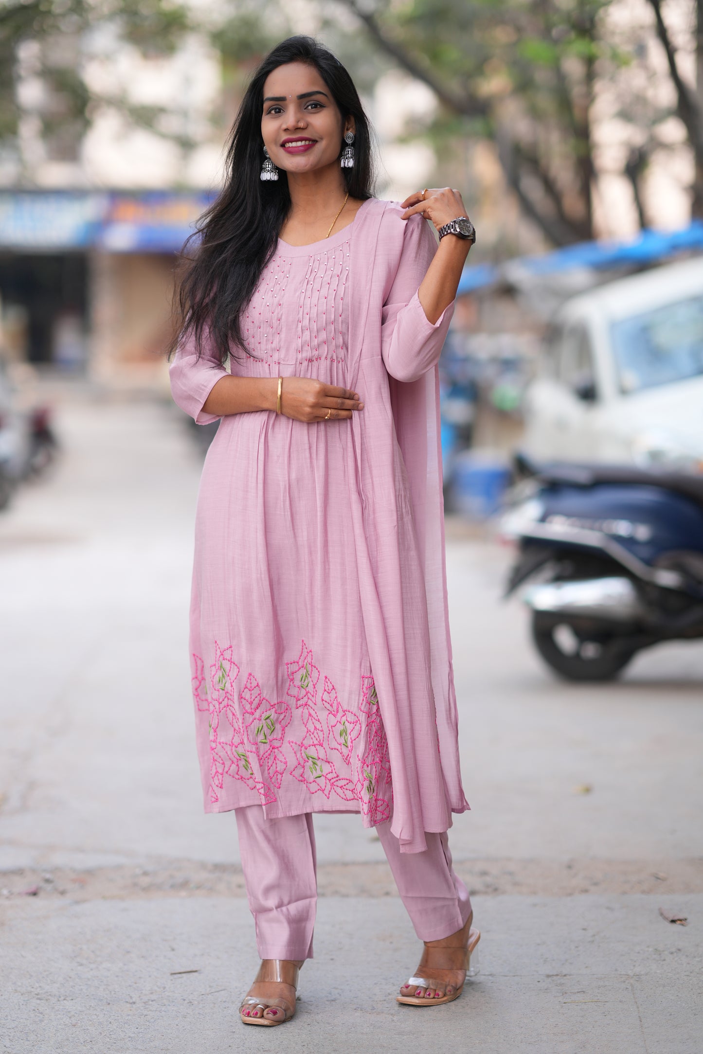 Pink Color Mul Chandheri Designer 3 Piece Set With Complete Lining