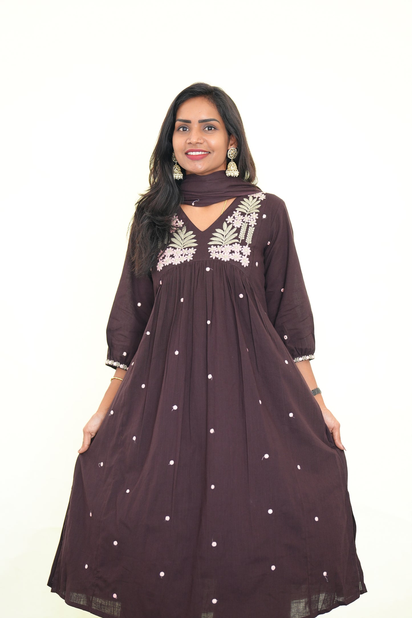 Brown Color Jaipur Slub Cotton 3 Piece Set With Plzaao Pant and Complete Lining