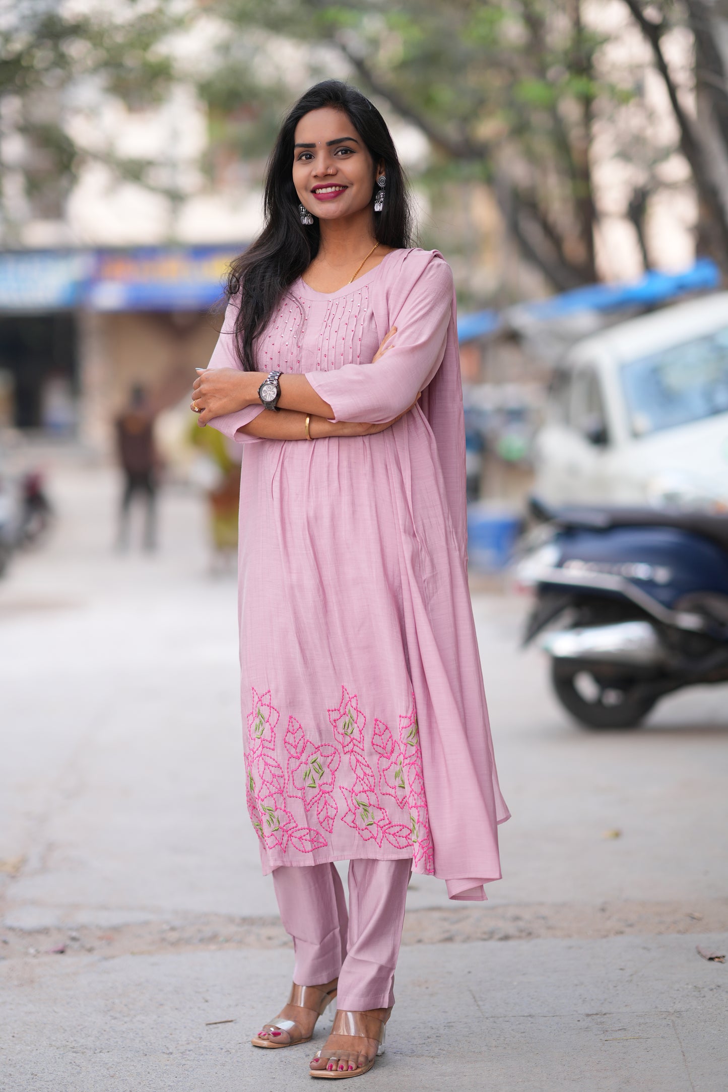 Pink Color Mul Chandheri Designer 3 Piece Set With Complete Lining