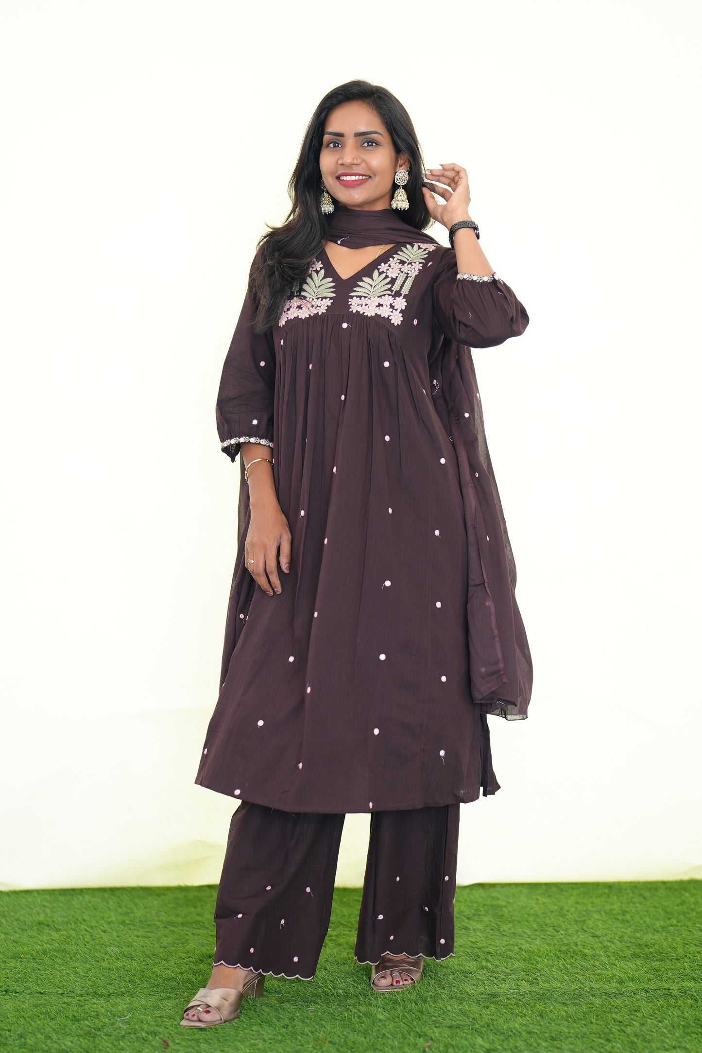 Brown Color Jaipur Slub Cotton 3 Piece Set With Plzaao Pant and Complete Lining