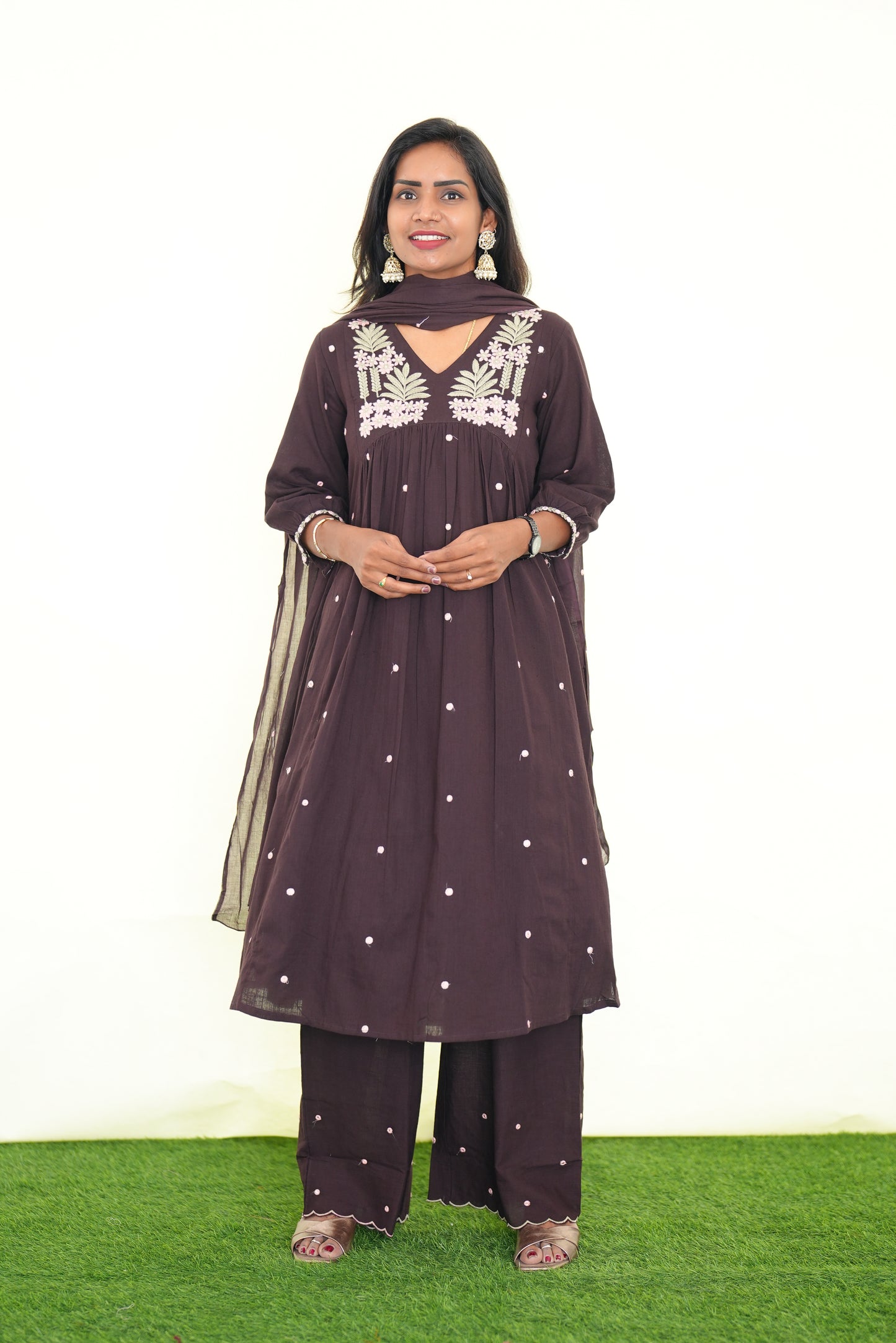 Brown Color Jaipur Slub Cotton 3 Piece Set With Plzaao Pant and Complete Lining