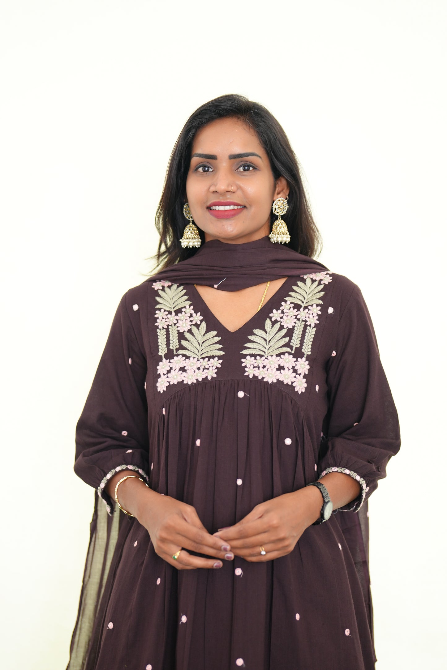 Brown Color Jaipur Slub Cotton 3 Piece Set With Plzaao Pant and Complete Lining