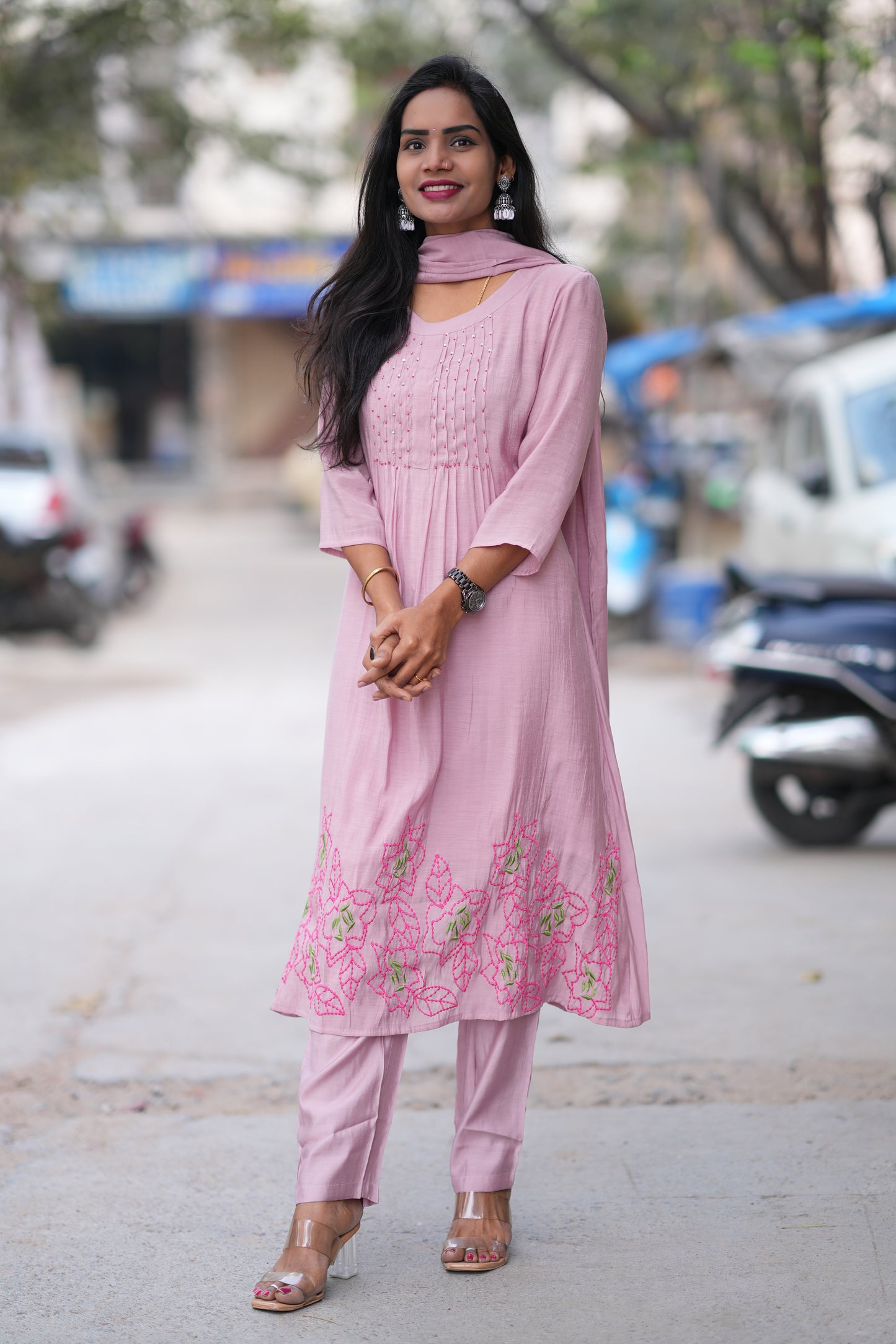 Pink Color Mul Chandheri Designer 3 Piece Set With Complete Lining