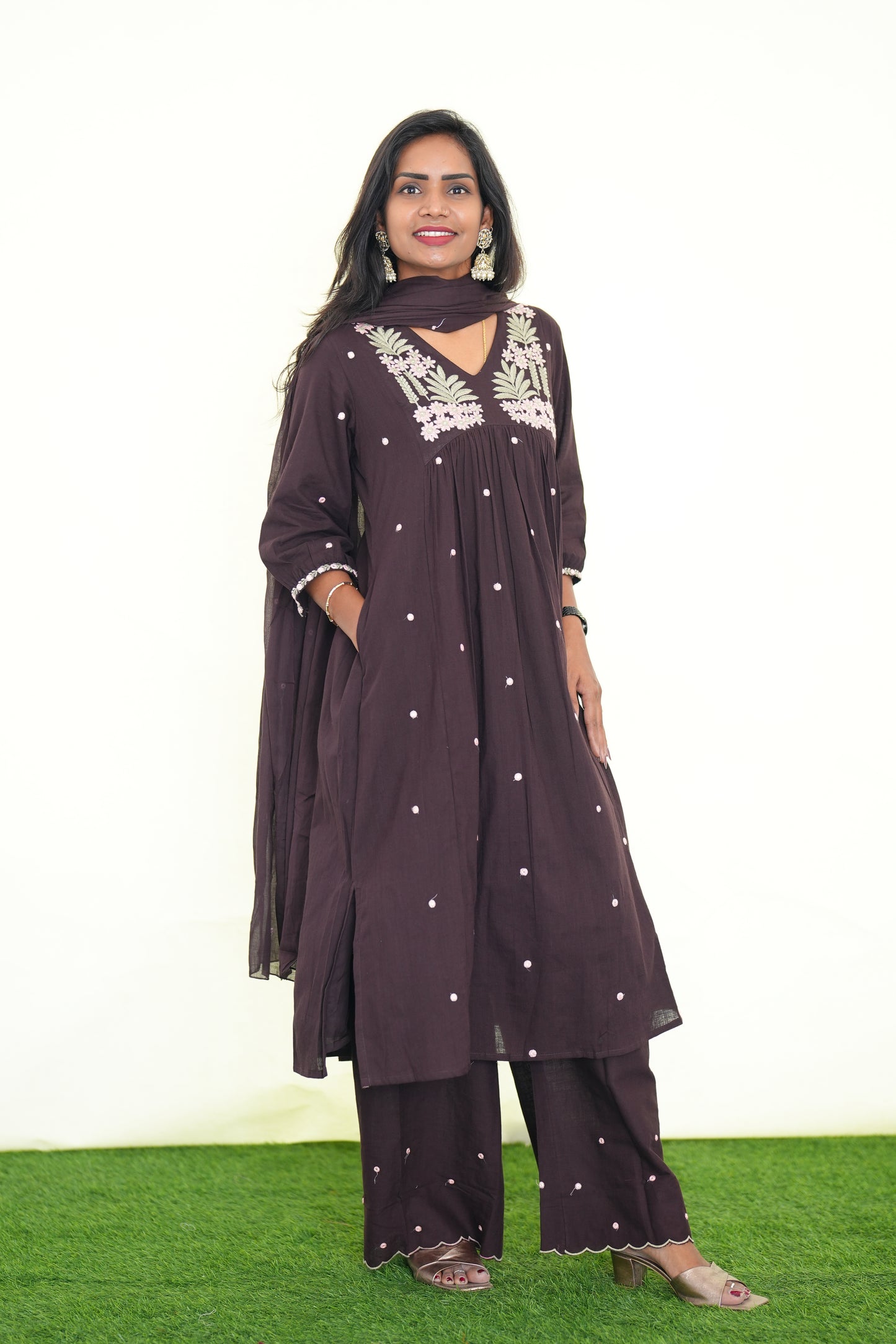 Brown Color Jaipur Slub Cotton 3 Piece Set With Plzaao Pant and Complete Lining