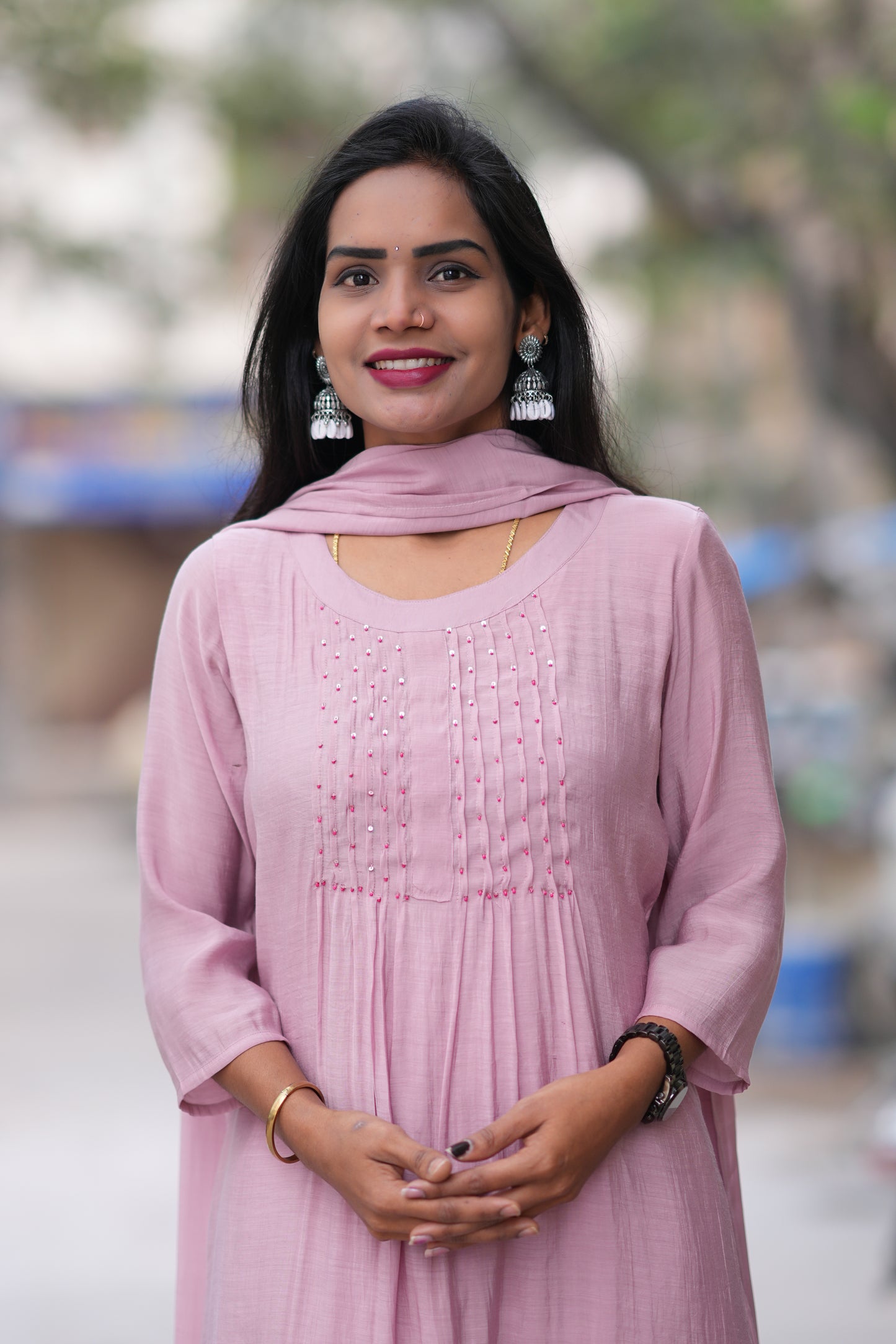 Pink Color Mul Chandheri Designer 3 Piece Set With Complete Lining