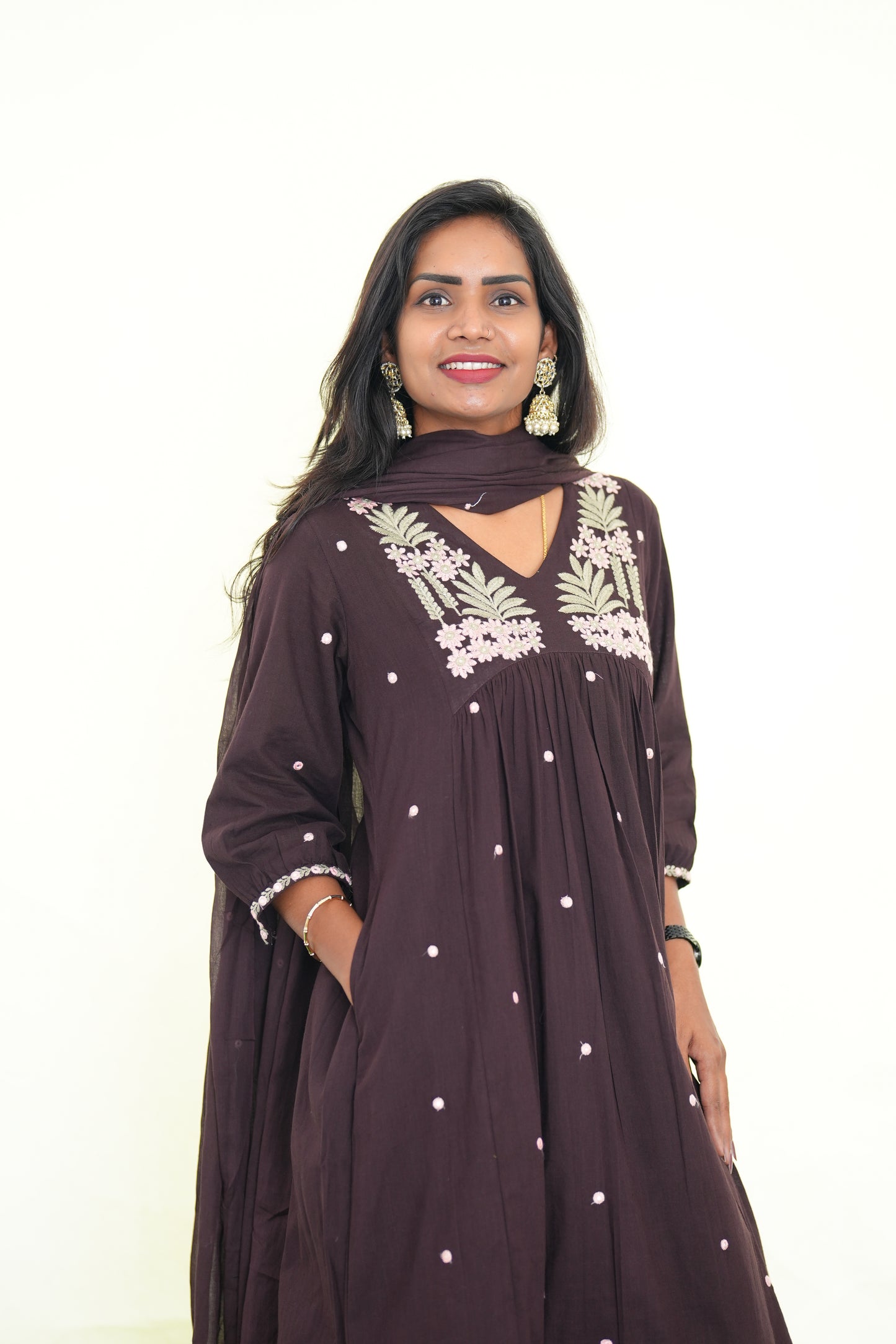 Brown Color Jaipur Slub Cotton 3 Piece Set With Plzaao Pant and Complete Lining