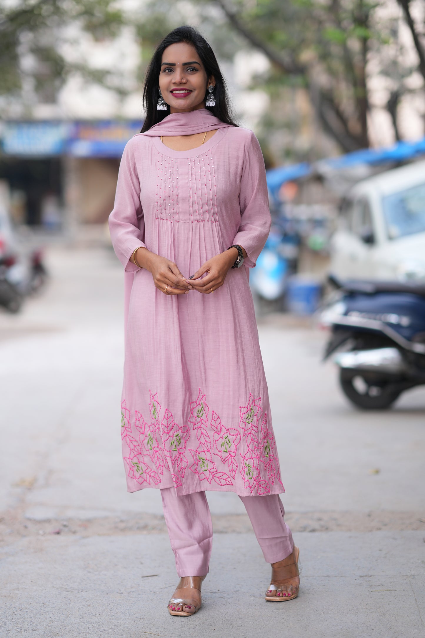 Pink Color Mul Chandheri Designer 3 Piece Set With Complete Lining